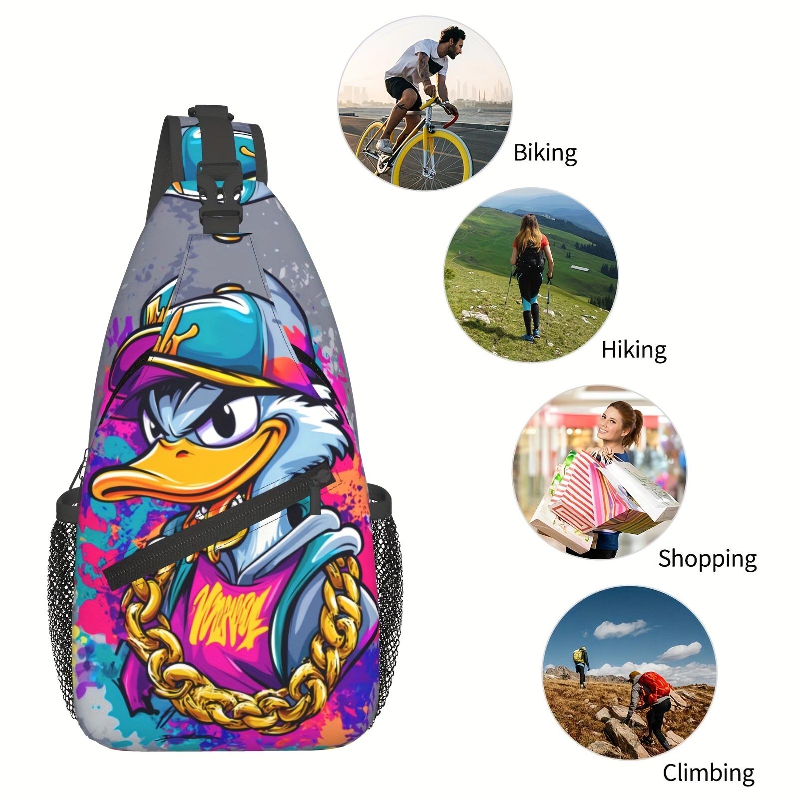 Large Hip-Hop Backpack with Bold Duck Chain - Heavy-Duty Machine-Washable Polyester Crossbody Bag, Adjustable Strap & Zipper Closure - Spacious Backpack for Travel, Hiking, Cycling, - Urban Streetwear Backpack for Men & Women (Blue/Purple/Pink/Black/Gray)