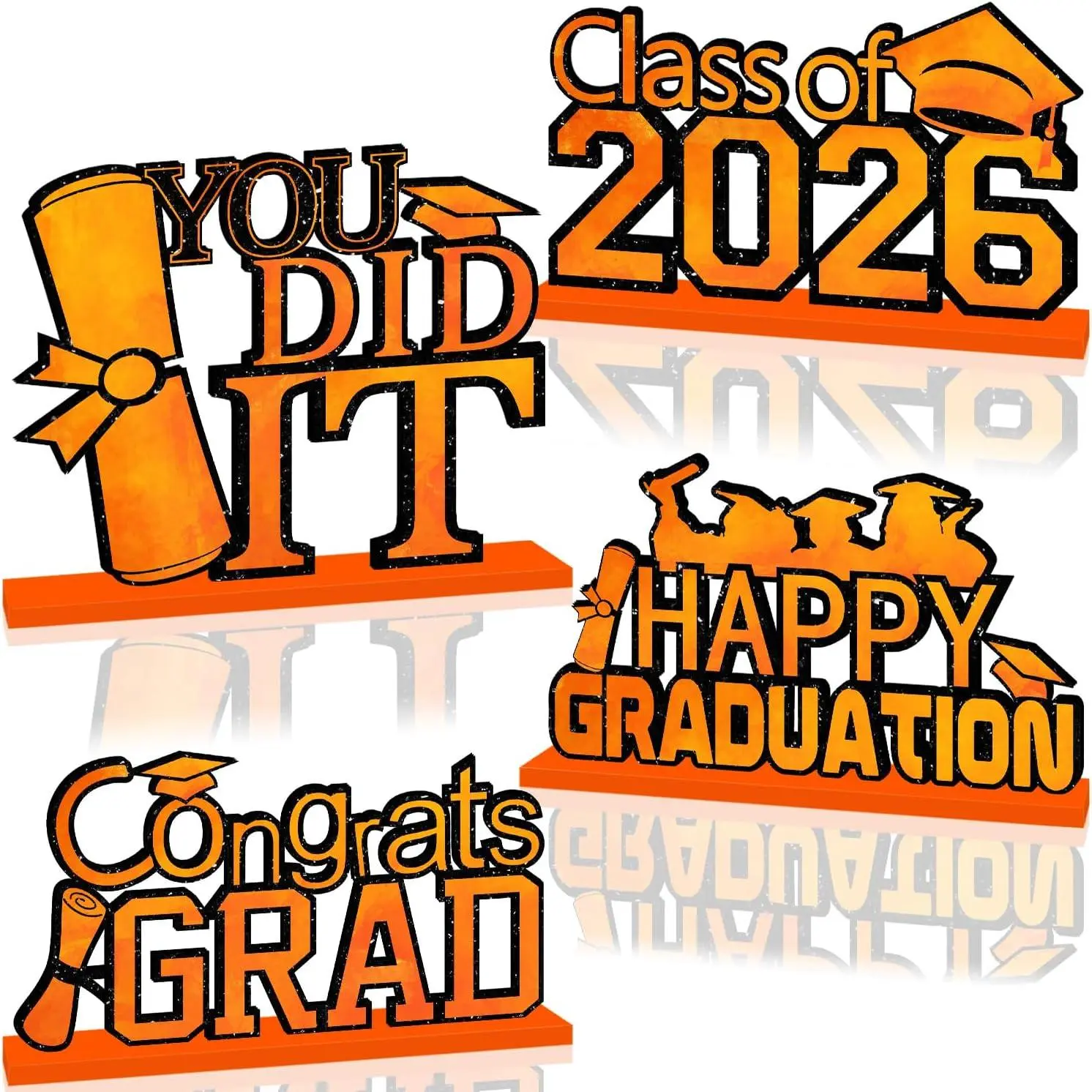 Set of 4 Multi-Size 7.9 Inch Sturdy Orange and Black Wood 2026 Graduation Table Centerpieces - Festive Ornaments, Bold Letters Congrats Grad Party Accessories for Class of 2026 Home Tabletop Decoration, Set Of Four, Decorative
