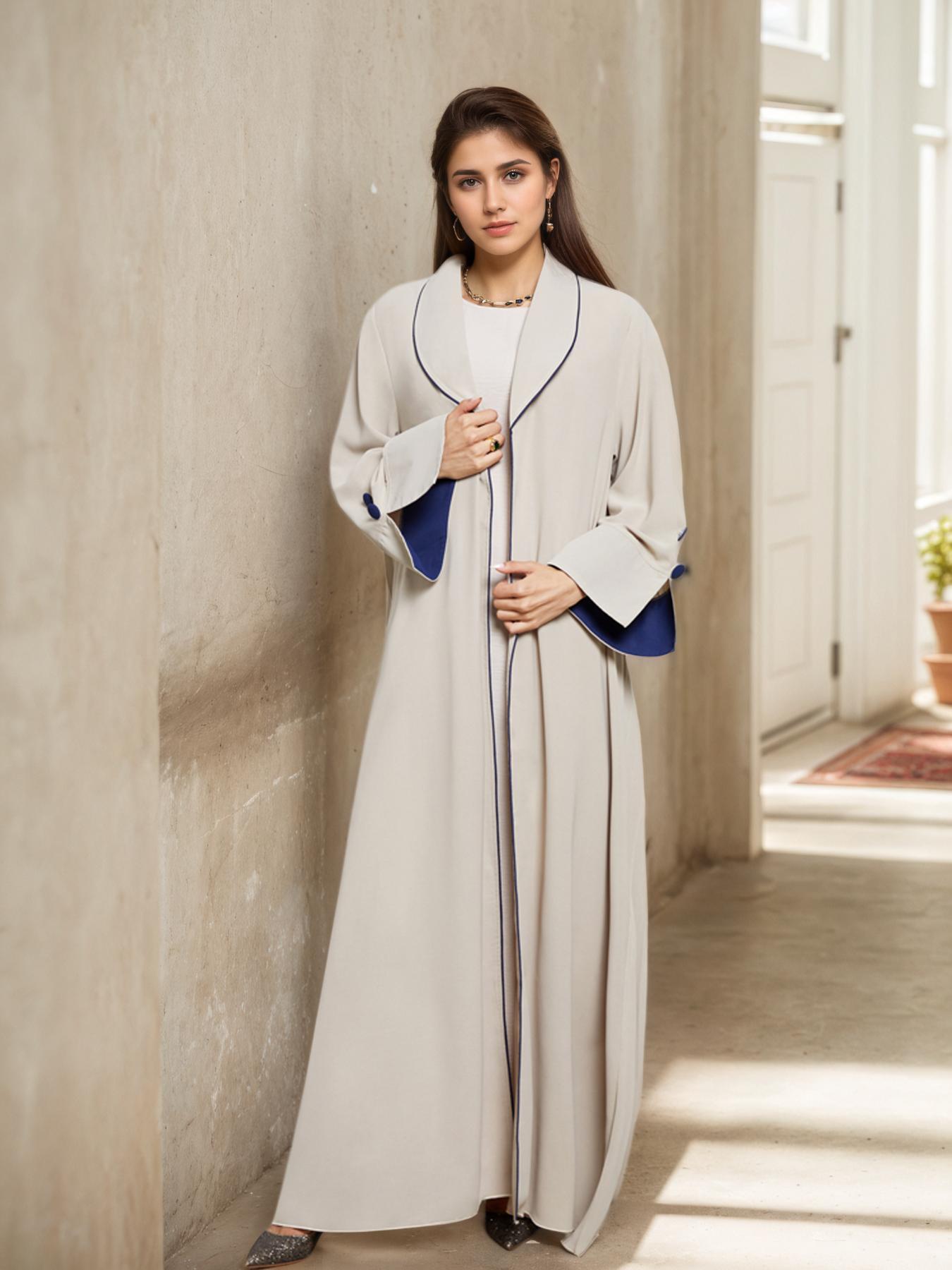 Women's Contrast Binding Open Front Abaya, Modesty Abaya, Elegant Long Sleeve Pleated Drawstring Outerwear for Spring & Fall, Ladies Islamic Clothing for Daily Wear