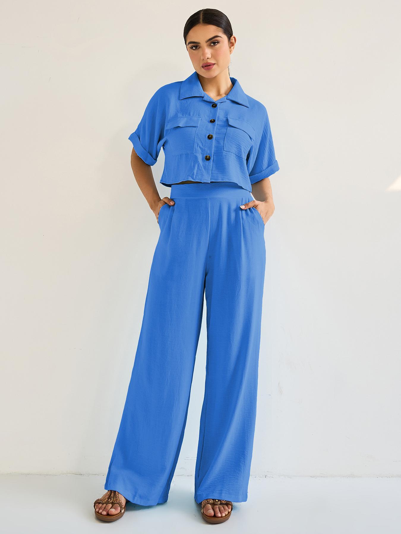 Women's Casual Loose-Fit Crop Top Set, Summer Woven Fabric, Moderate Thickness, Comfortable Fit, Perfect for Daily Wear, Casual Outfits Women