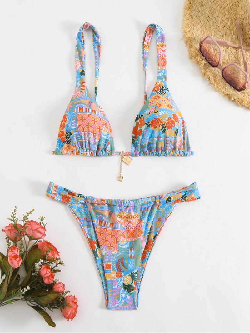 Women's Floral Bikini Set, Sexy Triangle Two-Piece Swimsuit, Sleeveless Party Style, All-Season Wear, Tie Back Design