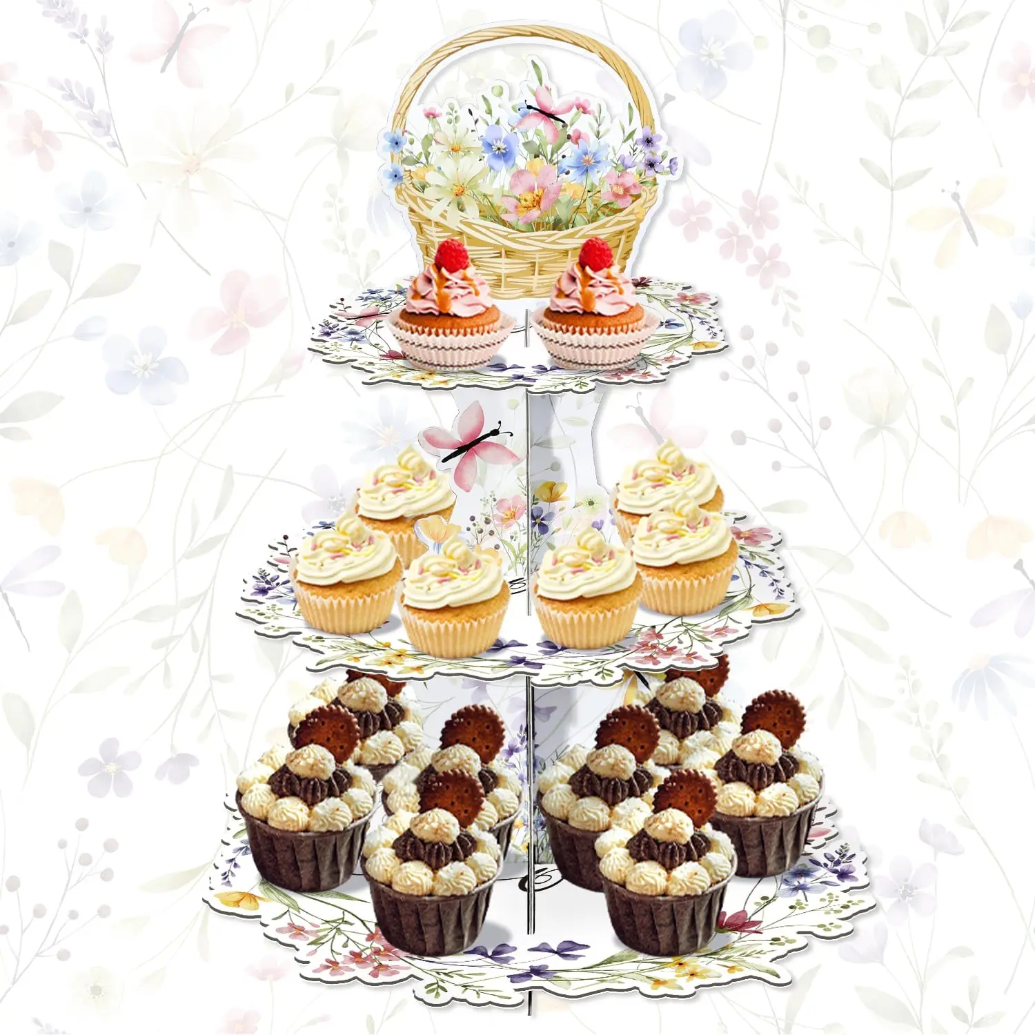 Wildflower Cupcake Stand 3 Tier for 24 Cupcakes,  Flower Theme Cardboard Holder Tower for  in Bloom  Shower Decorations Spring  Garden Floral Themed Birthday Party Decor