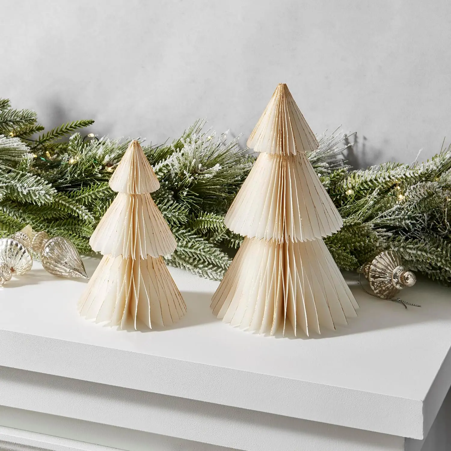 Paper Christmas Tree Decor, 2 Pack  Paper Trees, 6 & 8 Inch, White &  Glitter , Holiday Table Centerpieces, Christmas Table Decor, Winter Decorations