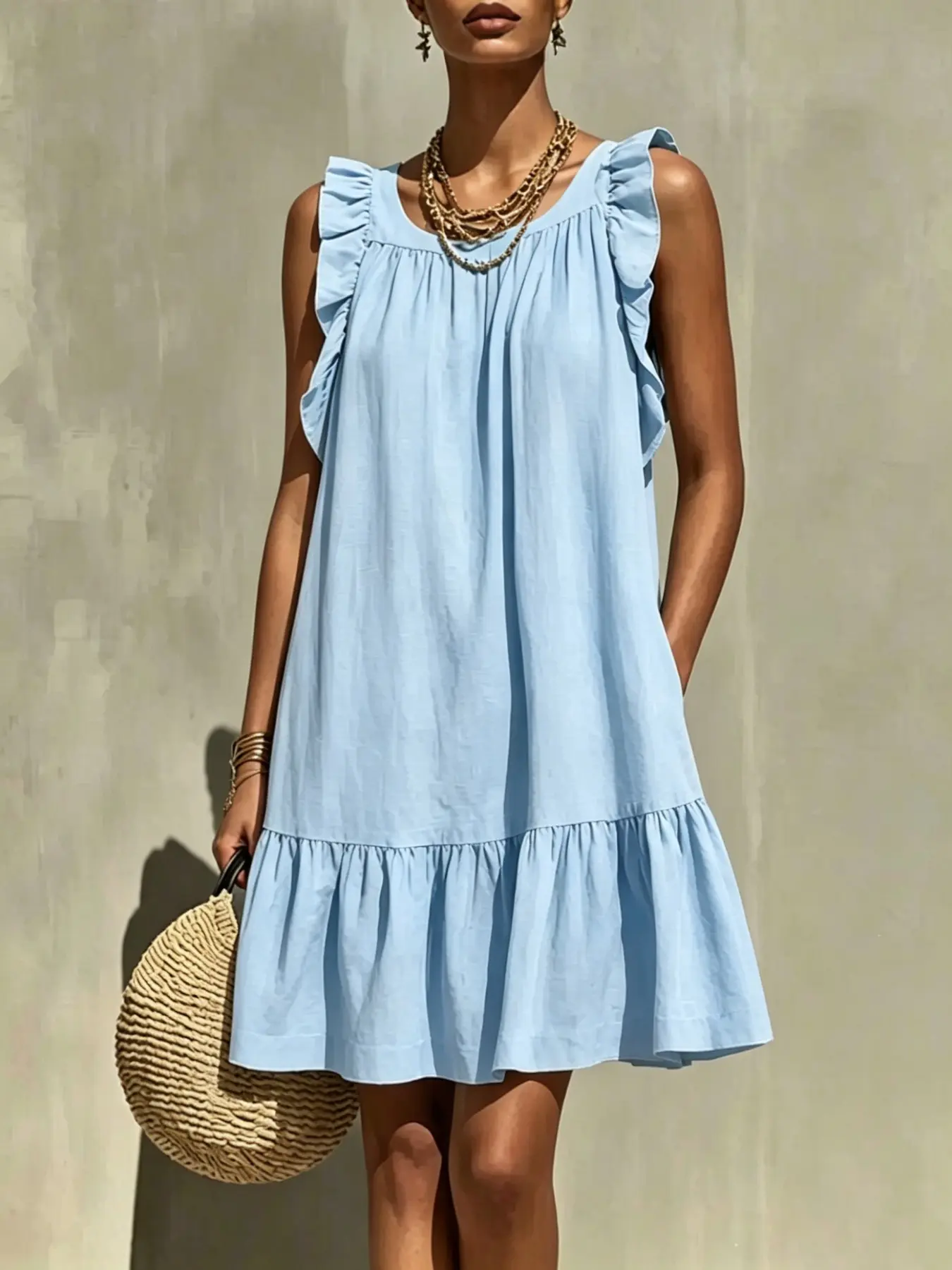 Beach Vacation, Multi-Color Ruffle Shoulder Dress, Bohemian Linen Straight Leg Dress, Stylish Summer Wear, Comfortable and Chic
