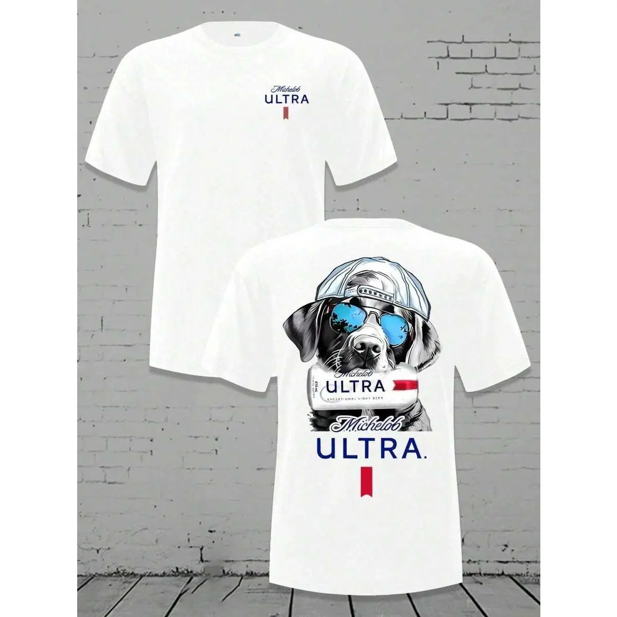 Pet Lover T-Shirt Unisex Large Back Labrador Dog Beer Can Graphic Small Chest Logo Front Print Crew Neck Loose Fit Short Sleeve White Tee