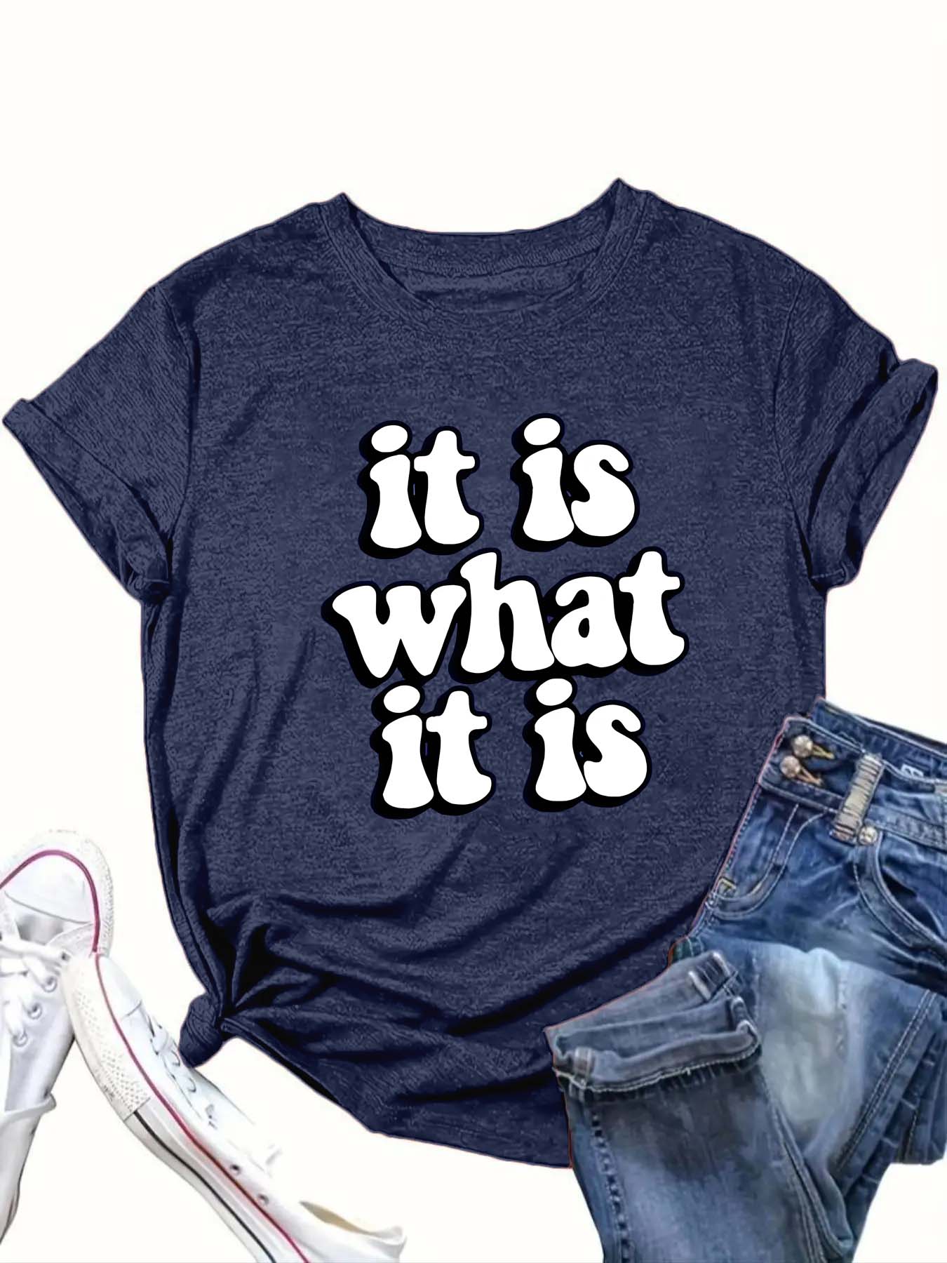 【Plus Size】 "IT IS WHAT IT IS" Print Round Neck Tee, Fashion Casual Crew Neck Short Sleeve T-shirt for Daily Outdoor Wear, Women Clothing for All Seasons