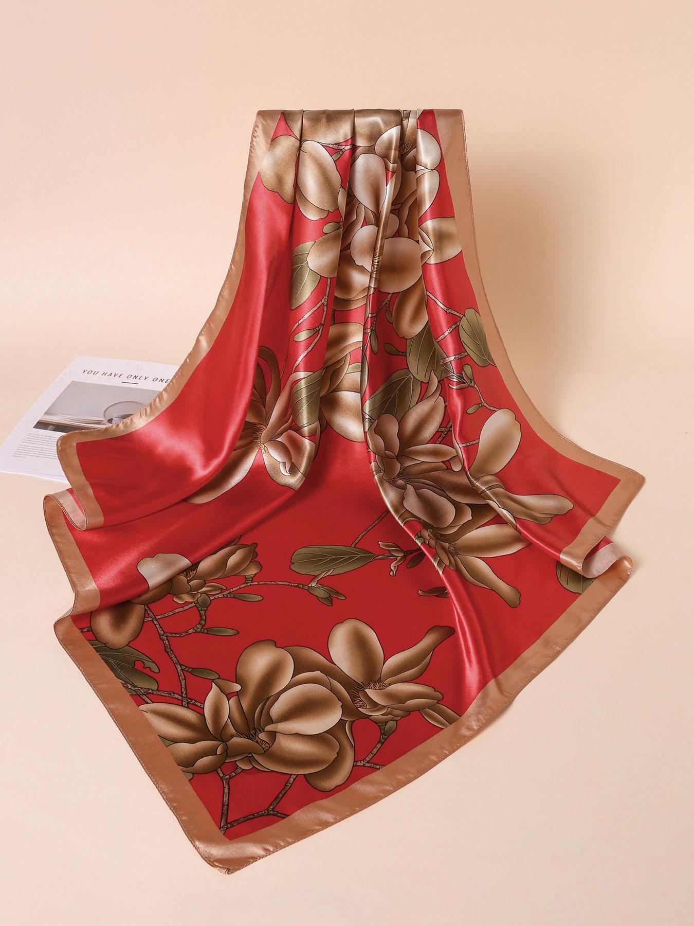 Women's Floral Print Square Scarf, Fashionable Soft Lightweight Scarf for All Seasons, Casual Versatile Scarf for Women, Boho Style Scarf