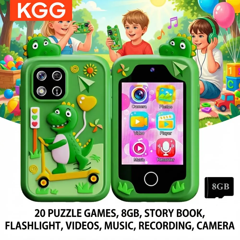 KGG Cute Cartoon Kids Learning Phone with 8GB storage, dual cameras, stories, music, video, calculator, 20 educational games and 12 habit trackers, a multifunctional learning toy for boys and girls.