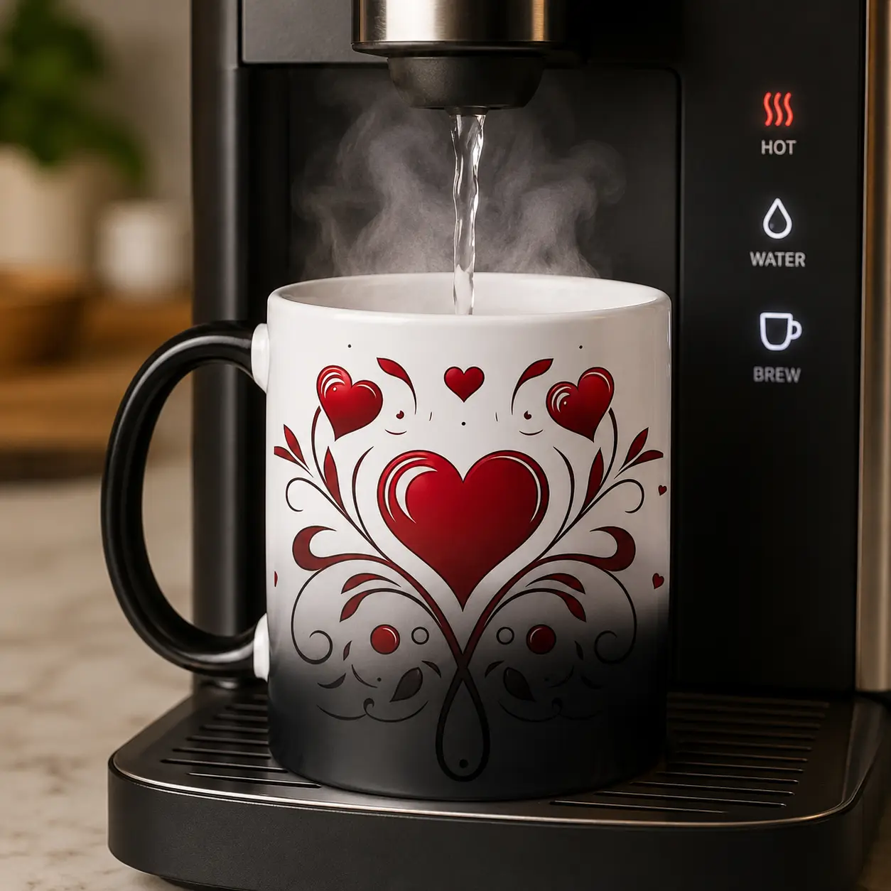 11oz Red Heart Color Changing Mug, Heat Sensitive Ceramic Coffee Cup with Elegant Swirl Design, Valentine’s Day or Anniversary Gift for Wife, Girlfriend or Her