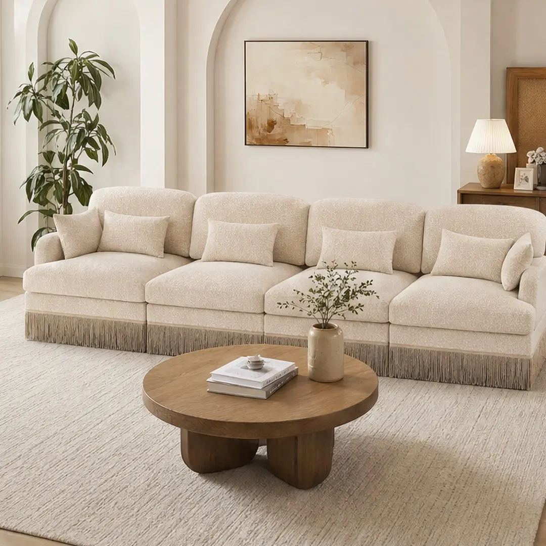 ARCH Leopard Print Chenille L-Shaped Sofa with Movable Ottoman, 4-Seat Sectional Couch with Tassel Edge, Ergonomic Backrest, Deep Seat Design, Easy Assembly, Beige Living Room Furniture Set, Beige Color Options, Chenille Material, 4 Seat Seat Count