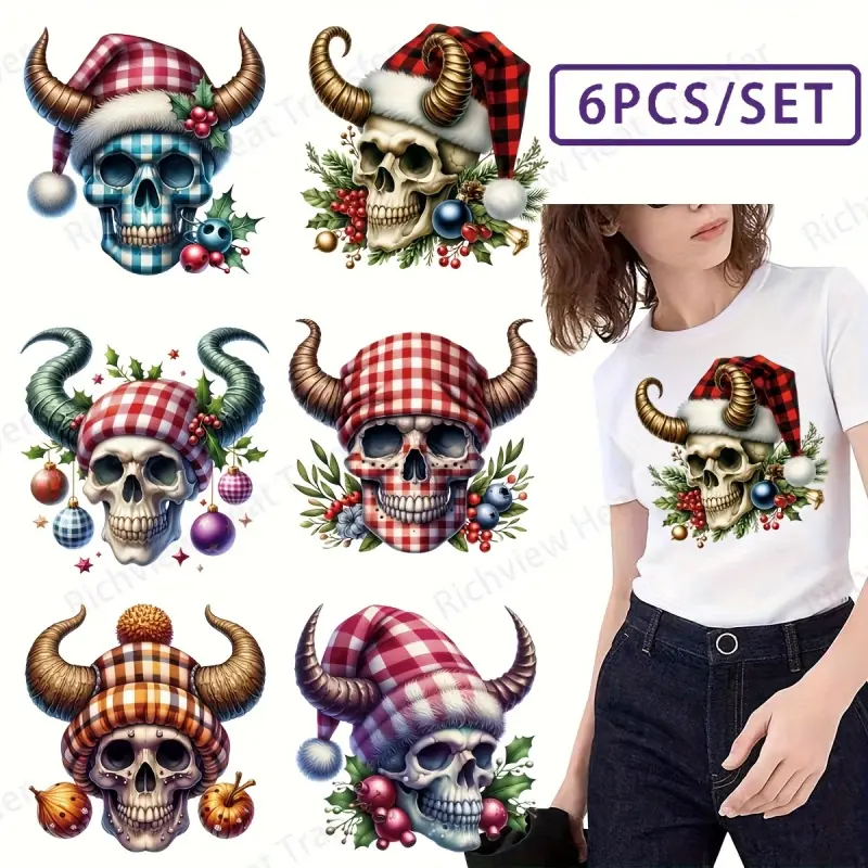 6 Pack Christmas Skull Heat Transfer Vinyl Stickers DIY Washable Iron-on Patches for T-Shirts Fabric Decor Crafts Accessories