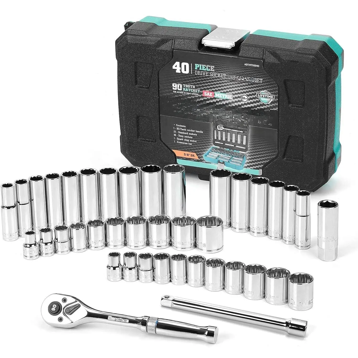 3/8" Drive Socket Set, 40 count Tool Set Including Standard (SAE) and Metric Sockets, 90- Ratchet Handle and Extension Bar