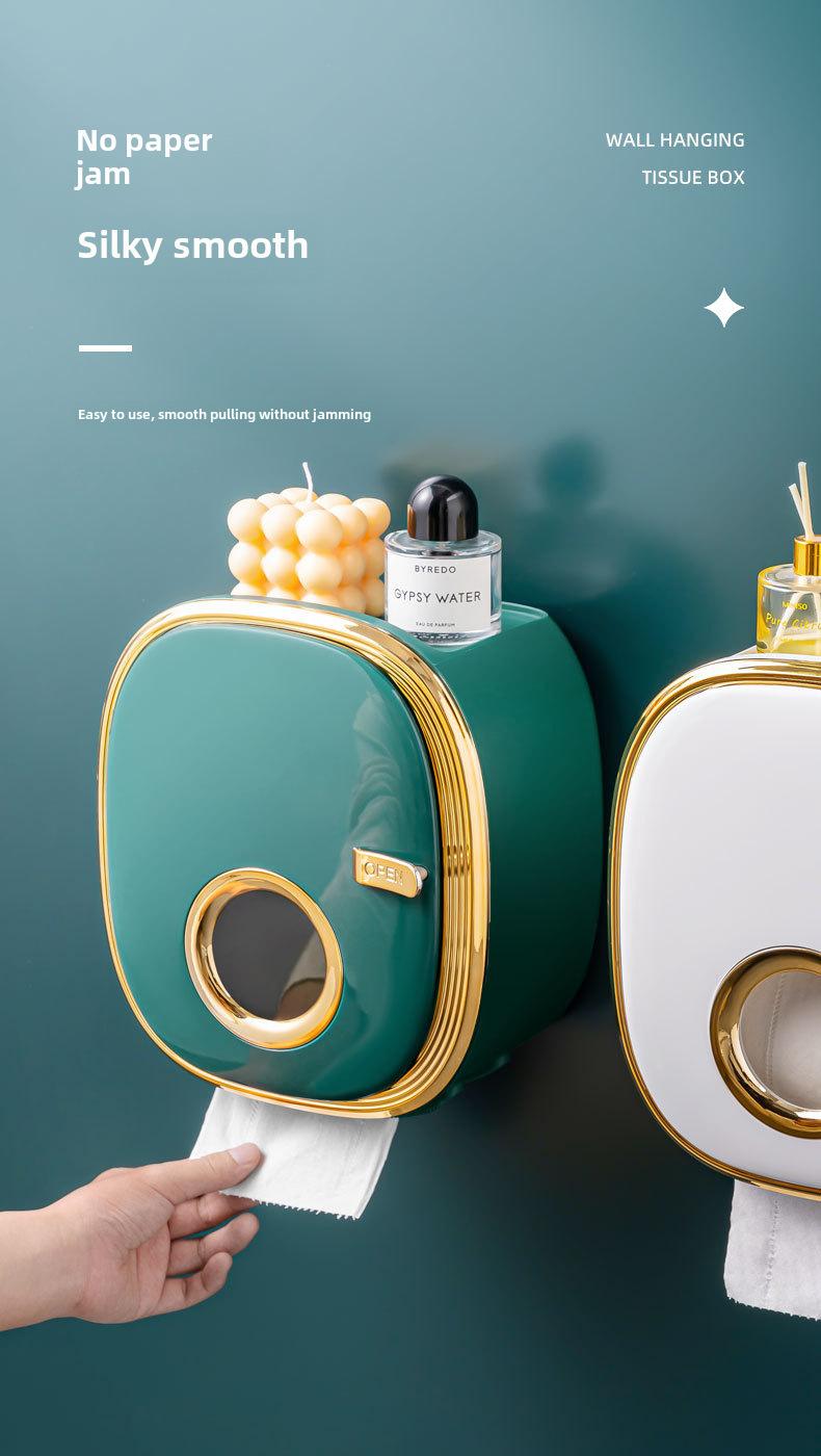 OTEN Large Capacity Double-layer Waterproof Tissue Storage Box Wall Mounted Plastic Roll Paper Holder Non Perforated Design with Storage Compartment Home Goods Installation Golden