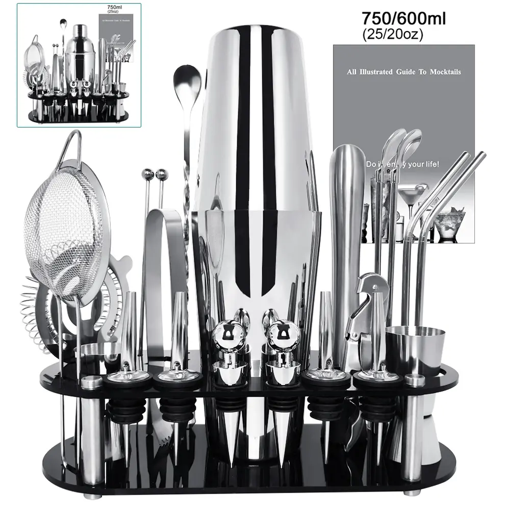22 Pieces Cocktail Shaker With Black Stand Cocktail Recipe, 750ml(25oz), 750/600ml(25/20oz) Boston Shakers, Stainless Steel Bar Tools Bartending Kit Set For Drink Mixing, Home, Bar, Party