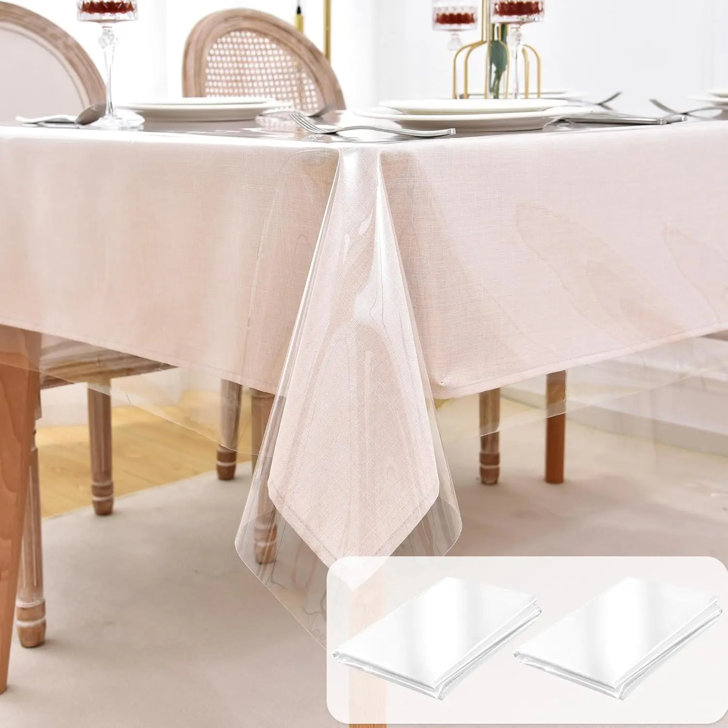 2 Pack Plastic Table Cloth 60x84 Inch-100% Waterproof Clear Table Cover Protector, PVC Sheet Oil Spill Proof Wipeable Table Cloth Disposable for Picnic, Dining, Parties, Outdoor & Indoor Uses