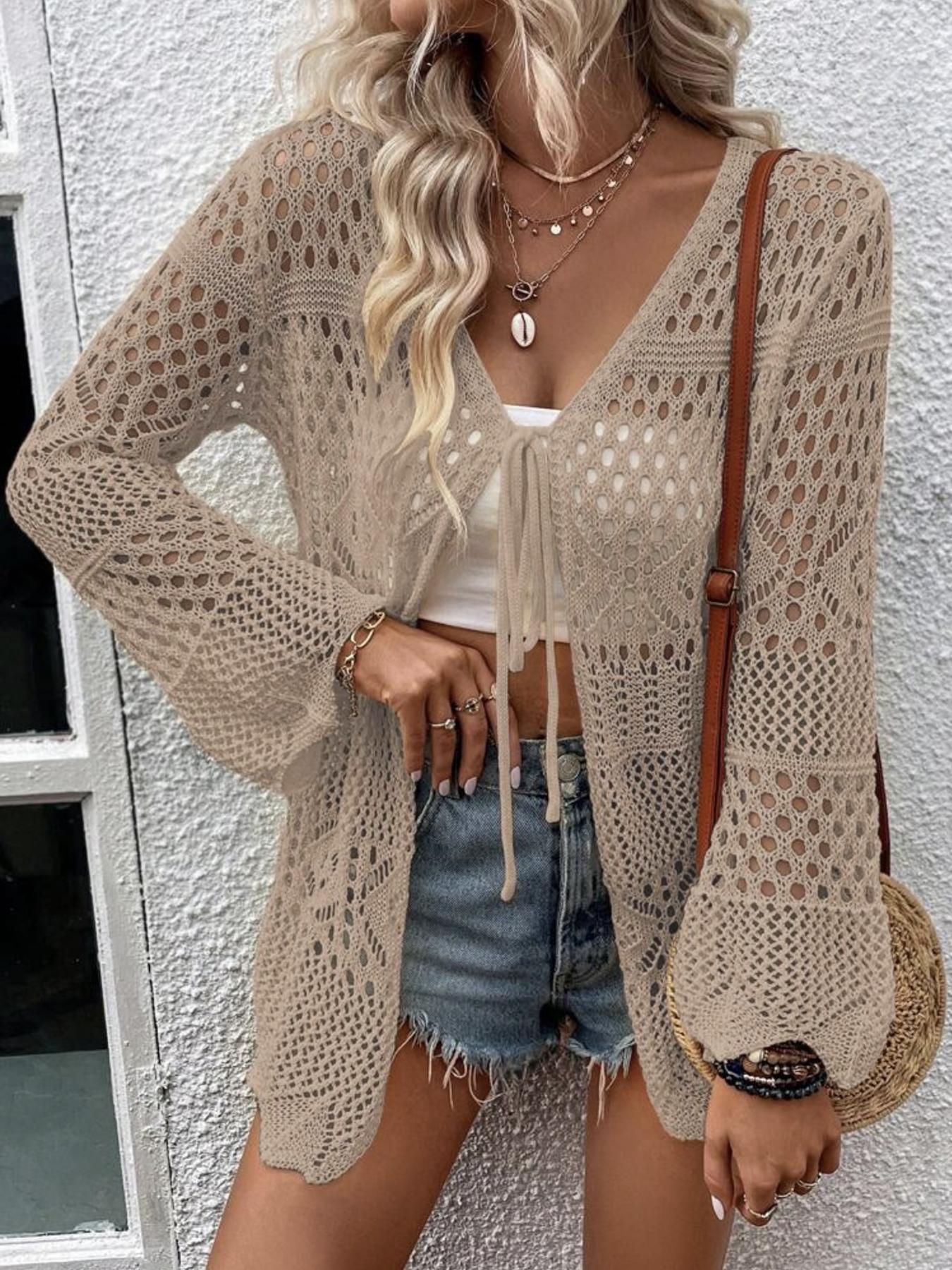 Women's Solid Color Hollow Out Tie Front Crochet Cardigan, Casual Long Sleeve Knitwear for Summer, Fashion Women's Knit Clothing for Daily Wear, Knitting