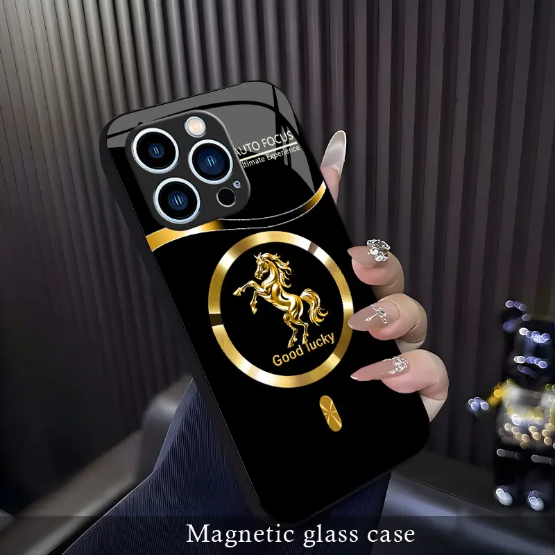 For【iPhone 15 Pro Max】Golden Horse Pattern Magnetic Glass Case, Premium Personalized MagSafe Charging Glass Luxury Protective Cover, Shockproof Durable.-XS9527