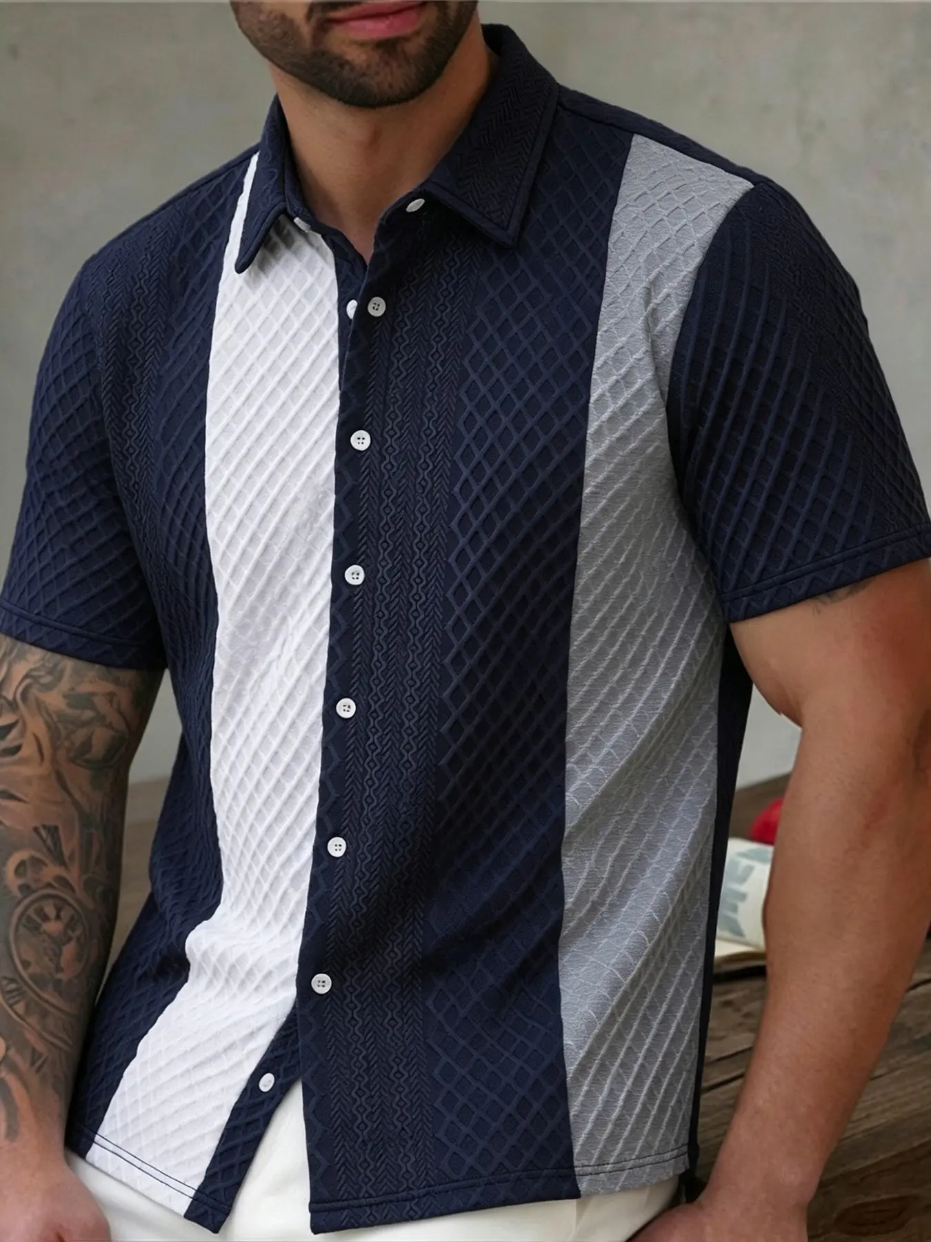 Summer Men Single Top, Diamond Waffle Textured Color Block Vertical Stripe Lapel Button Down Casual Short Sleeve Shirt, Thin Breathable Lightweight Woven Shirt For City Holiday Daily Street Style Home Wear