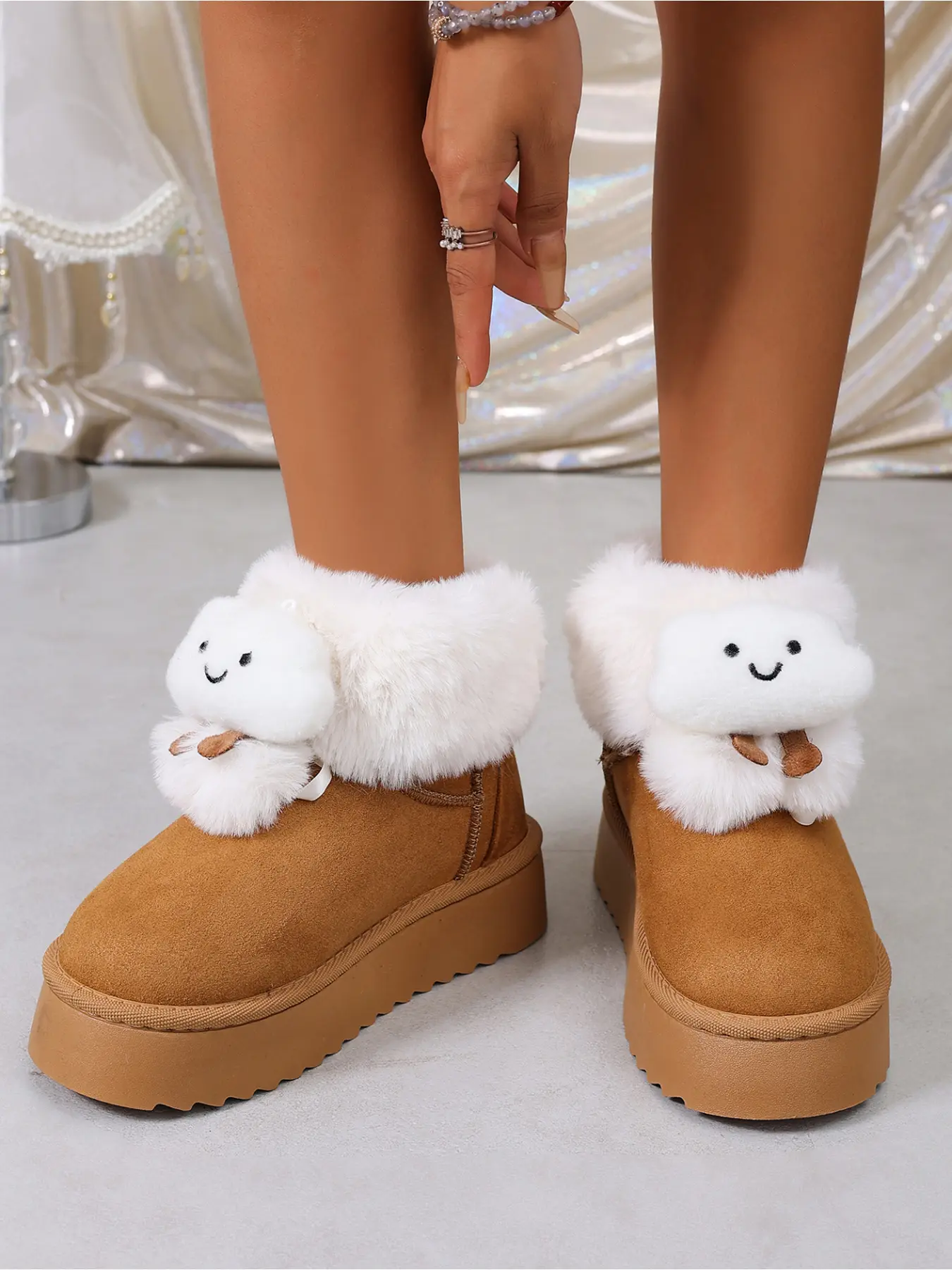 Women Fluffy Fur Cuff Platform Snow Boots, Cute Cloud Doll Decor Slip On Short Ankle Boots Fleece Lined Winter Warm Shoes