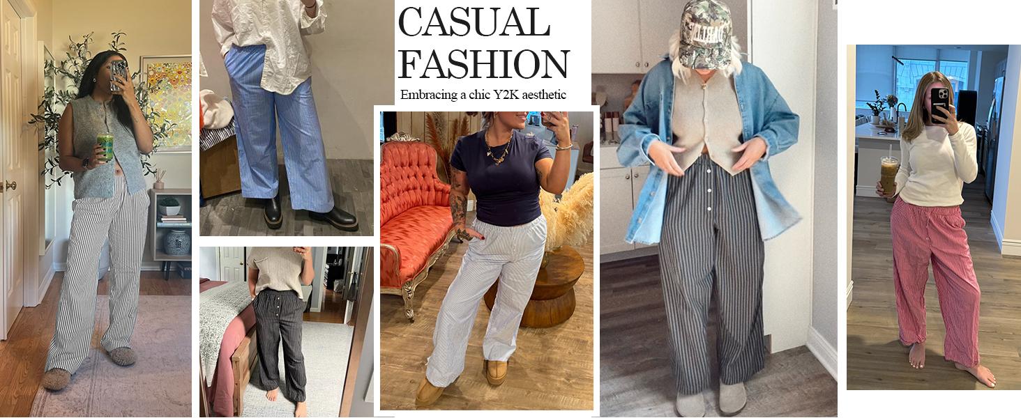 Danedvi Womens Boxer Pants Striped Lounge Pajama Bottoms Elastic High Waisted Wide Leg Trousers with Pockets Black Fabric