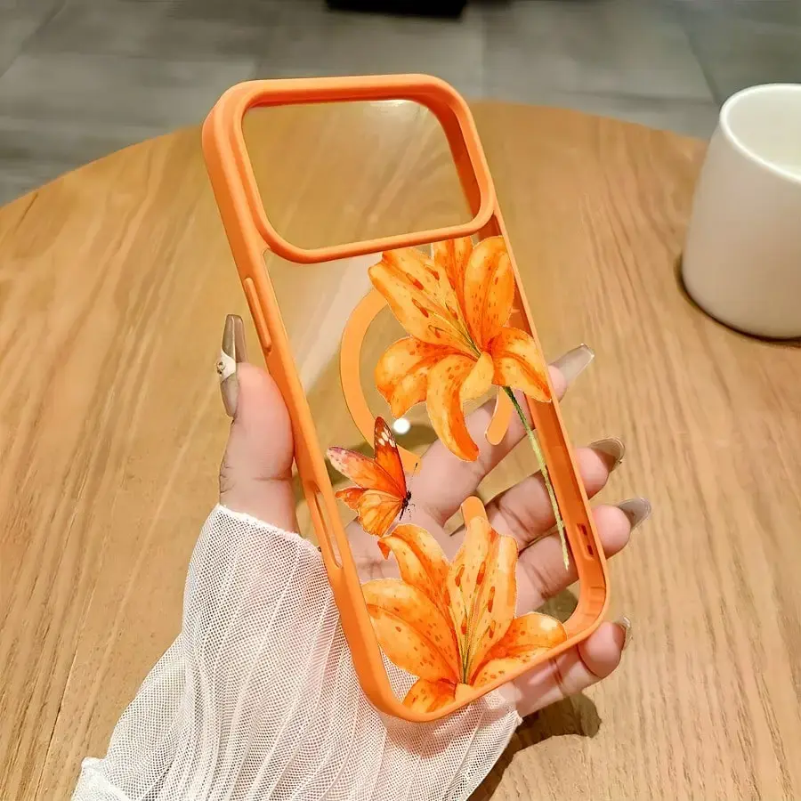 Orange Lily MagSafe Magnetic Phone Case for iPhone 17/17 Pro Max/Air Stylish Trendy Pattern Shockproof Hybrid TPE Case Perfect Gift