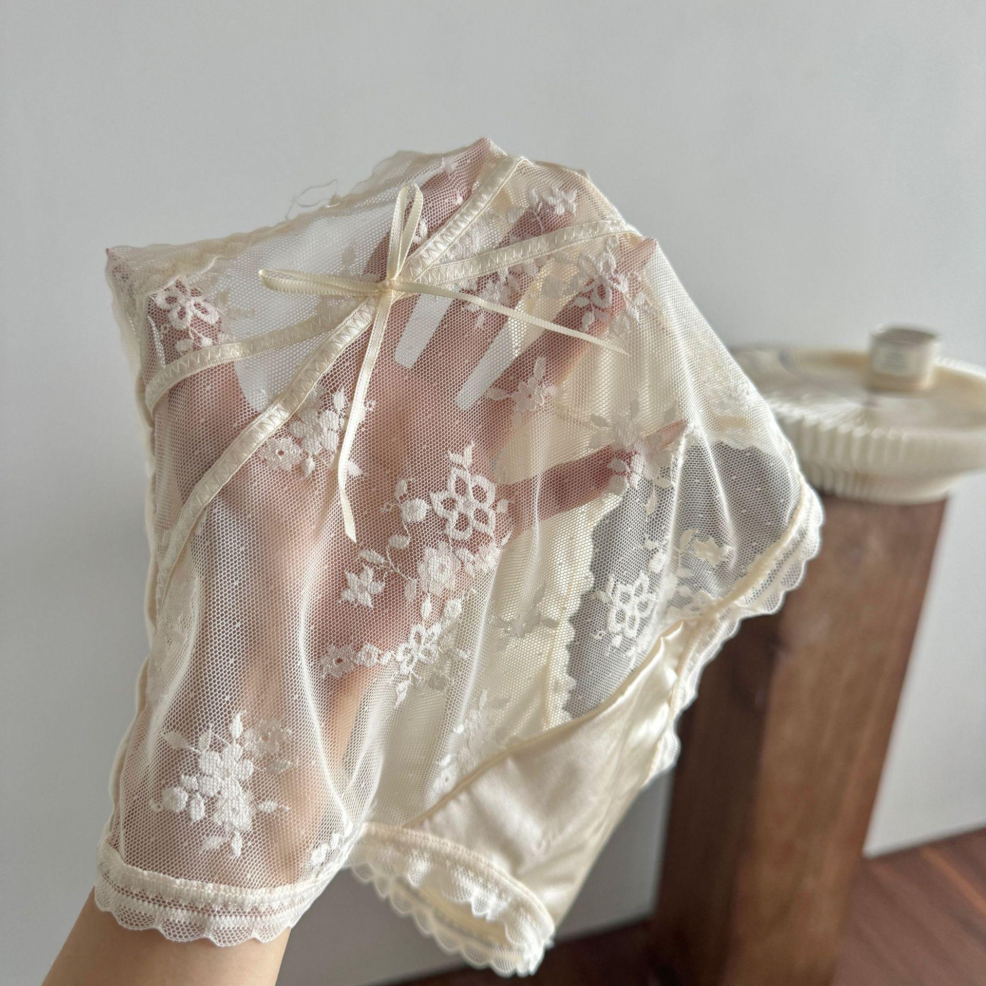 French Style Pure Desire Transparent Girl Mid-Waist Bow Lace Silk Cotton Crotch Panties Women Thin Summer