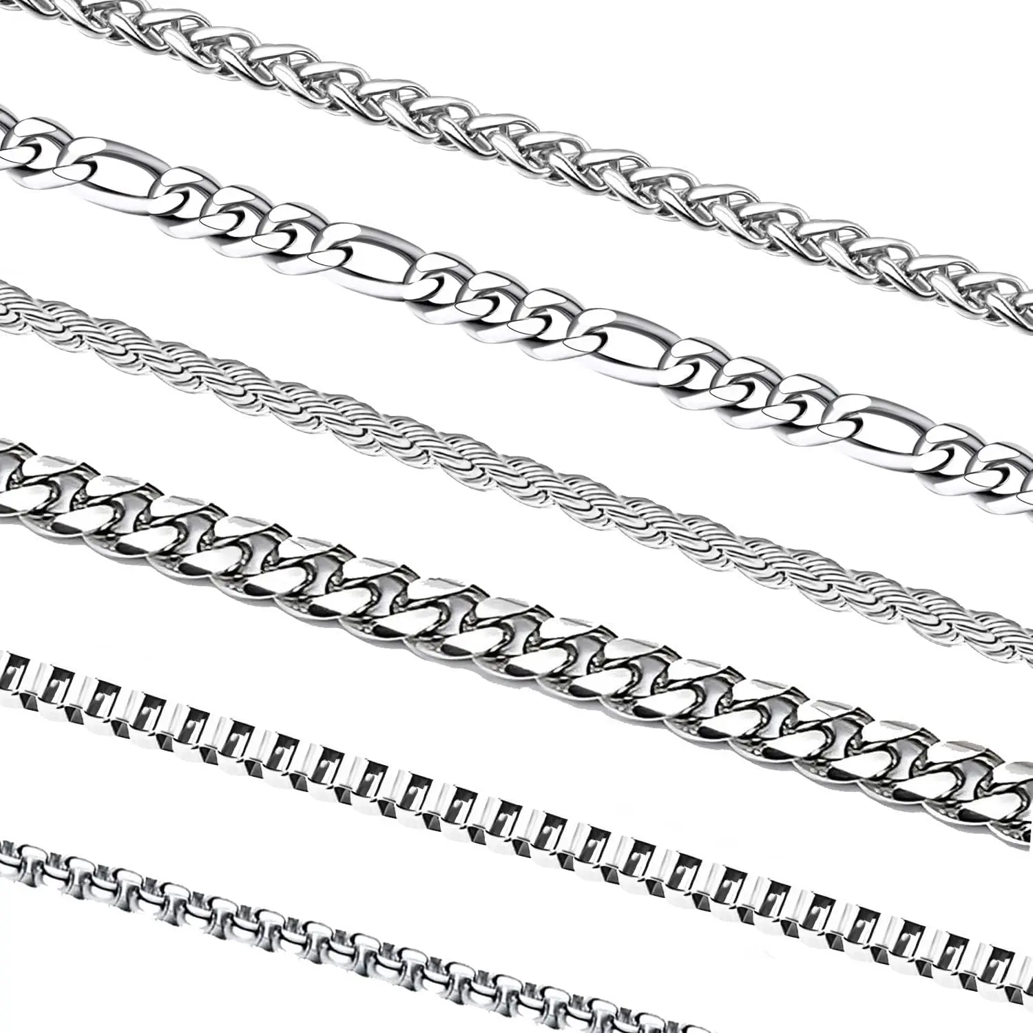 6 count  Chains, Stainless Steel Cuban Link/Rope/Box/Figaro/Square /Wheat Chain Necklace  Set for Men Women