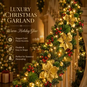 1 Pack Premium Unlit Decorative Artificial Christmas Pine Garland Multiple Sizes Available with Golden Poinsettia Flowers Bows Red Berries and Gold Ornament Baubles for Door Frame Fireplace Mantel Christmas Tree and Dining Table Home Holiday Decoration