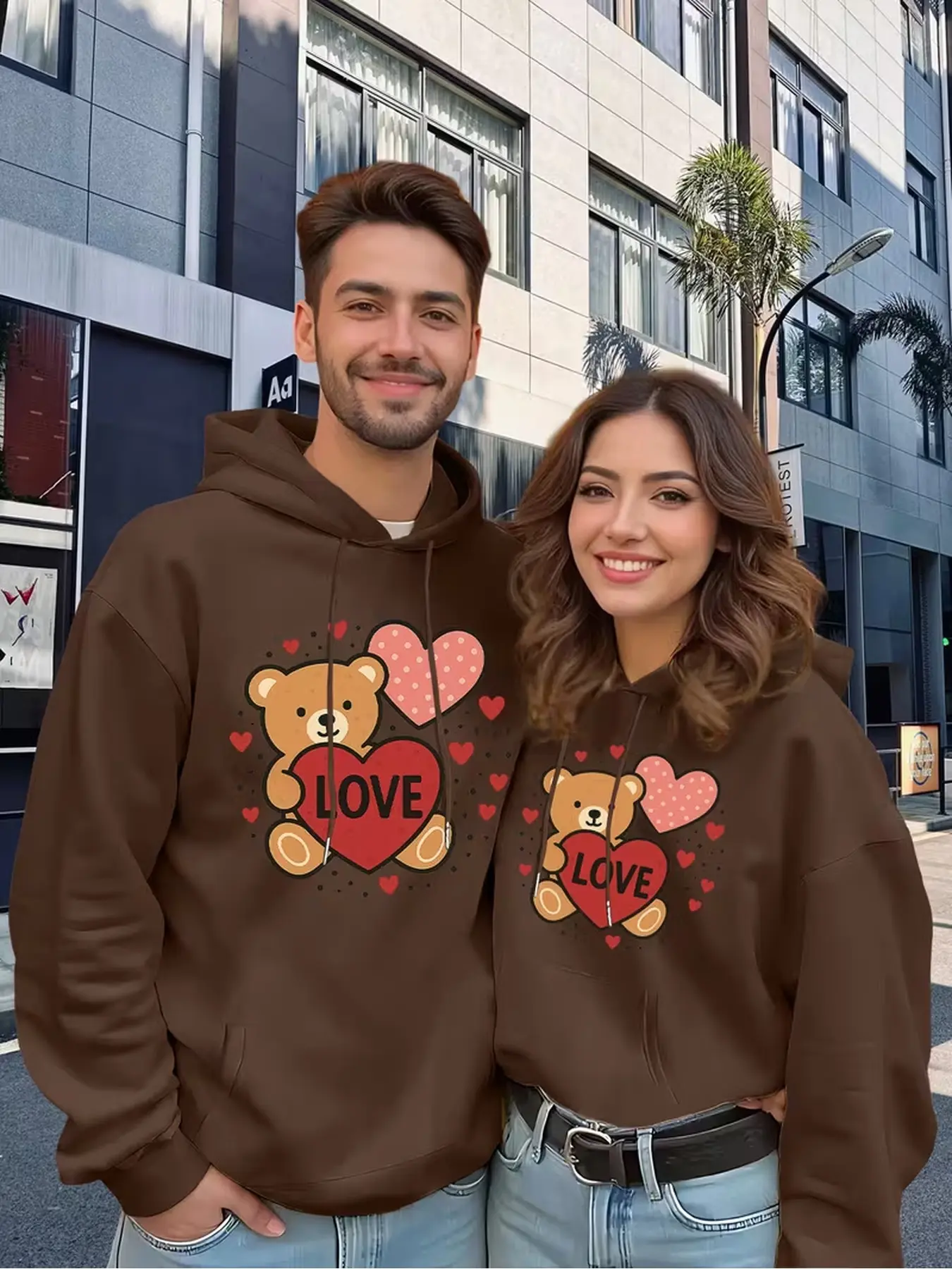 2Pcs Ins Popular Couple Hoodie Long Sleeve With Geometric Print And Pockets, Essential Clothes For Spring Autumn, Fade Resistant After Machine Washing, Fit For Travel & Gifts