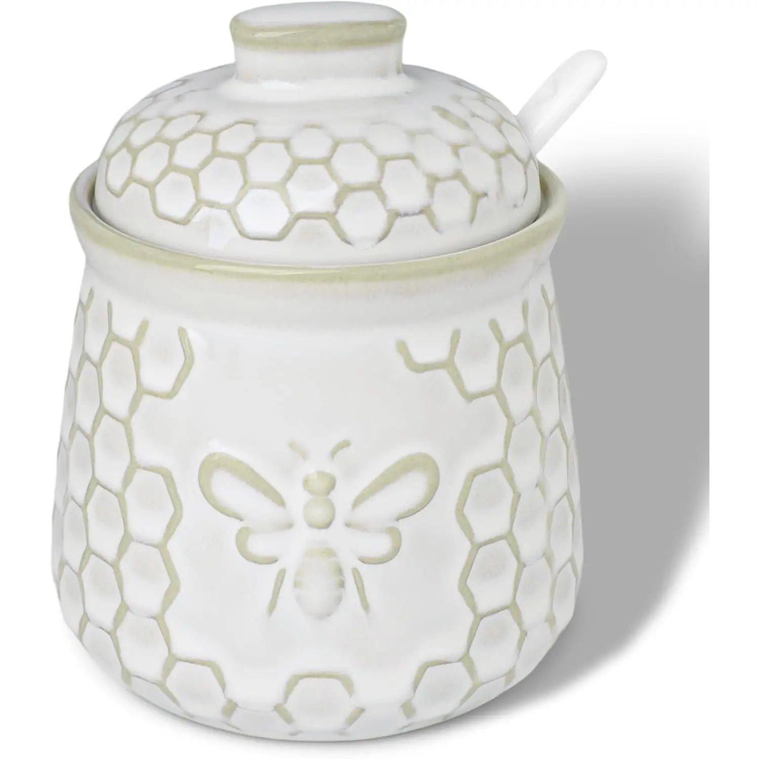 Ceramic Sugar Bowl with Lid and Spoon, Honey Containers, 10 Oz (White) | Cute Honeybee Sugar Bowl, Includes Lid & Matching Spoon, 10oz Capacity, Farmhouse Honeycomb Embossed Ceramic Jar