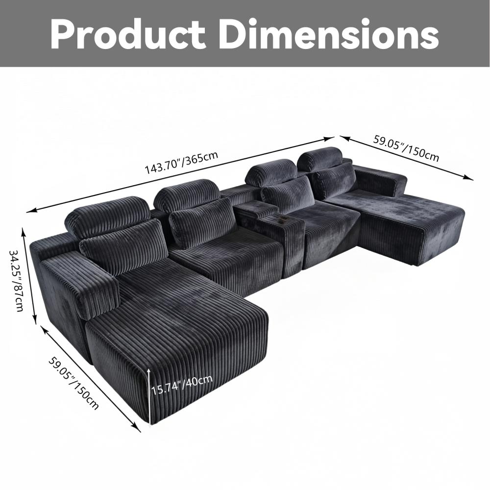 143.7-inch L-shaped sofa set with chaise longue and cup holders; modern black velvet sofa set; four-piece living room furniture set; oversized modular sofa; ideal for home theaters, living rooms, and luxury living spaces