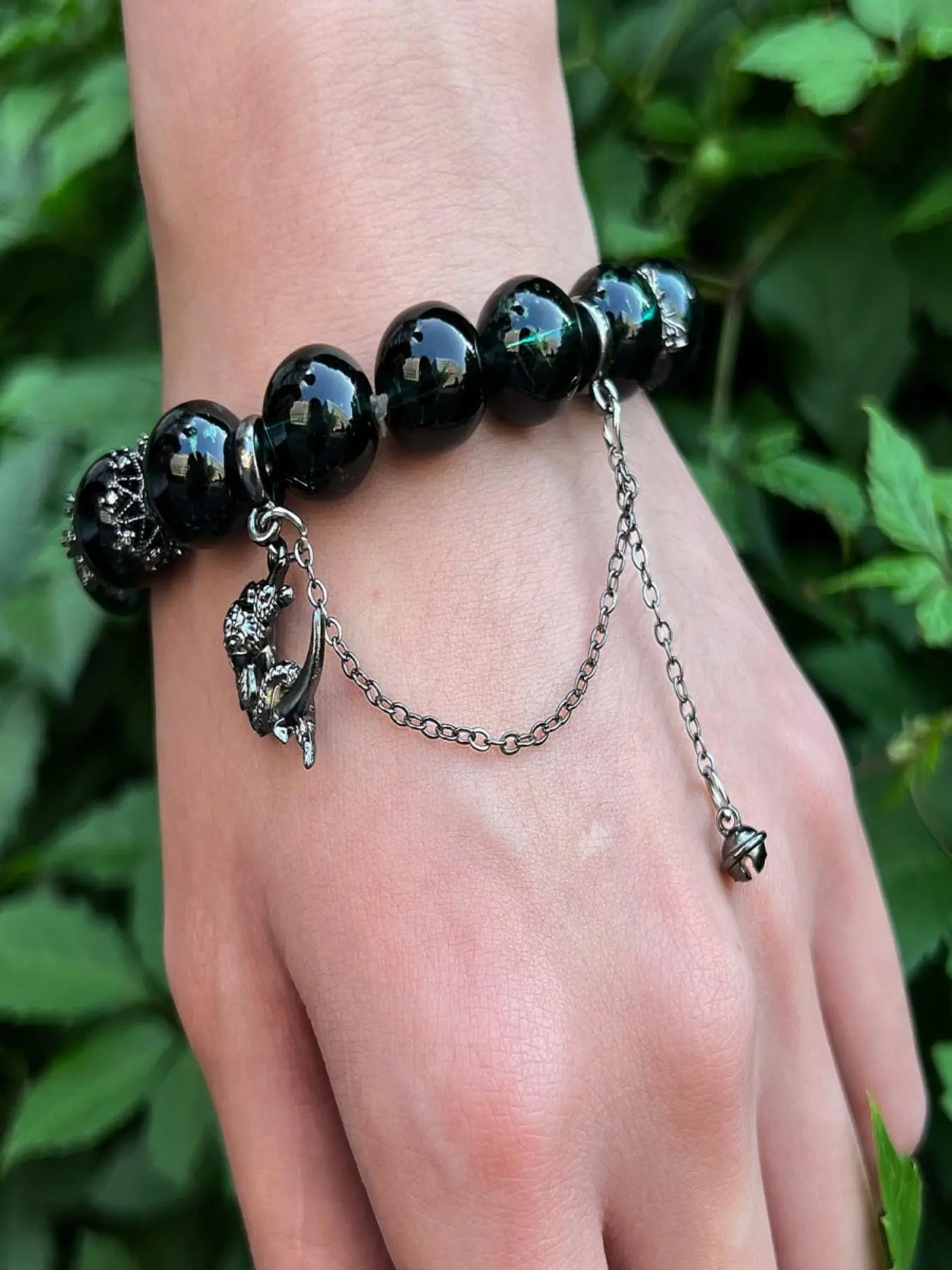 Dark Ghost Beaded Bracelet, Metal Fox Pendant + Bell Chain Design, Adjustable Casual Jewelry for All Seasons