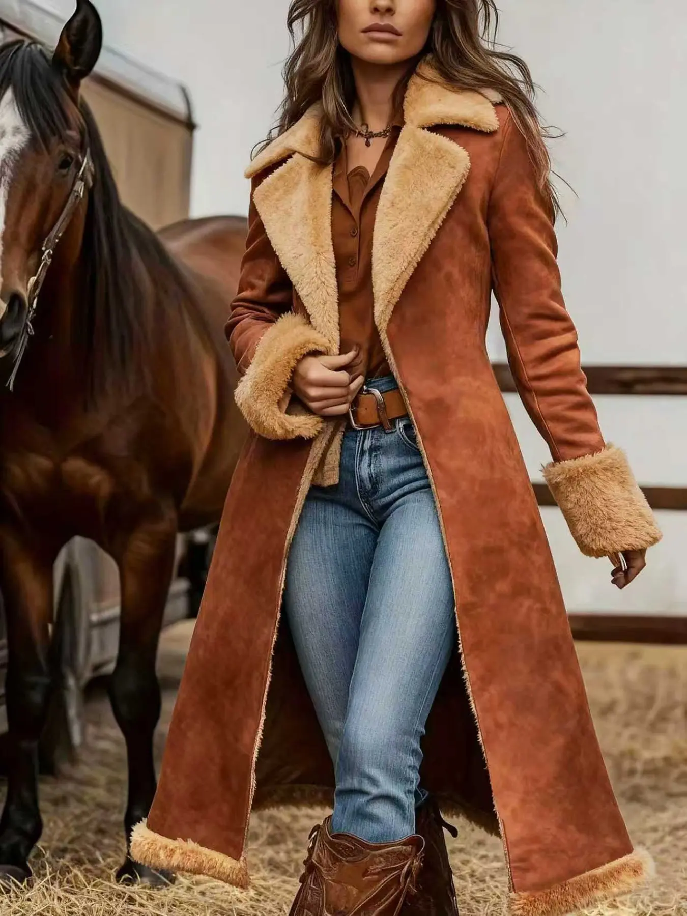 American Western Cowboy Style Coat, Women's Caramel Color Leather Collar Plaid Edge Mid-Length Thick Warm Outerwear