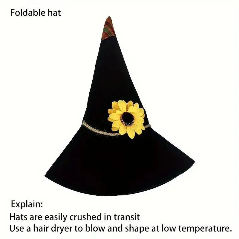 Wizard Hat with Sunflower Decor, 1 Count Foldable Witch Hat, Party Hat for Halloween, Cosplay, Costume Party, Outdoor Entertainment