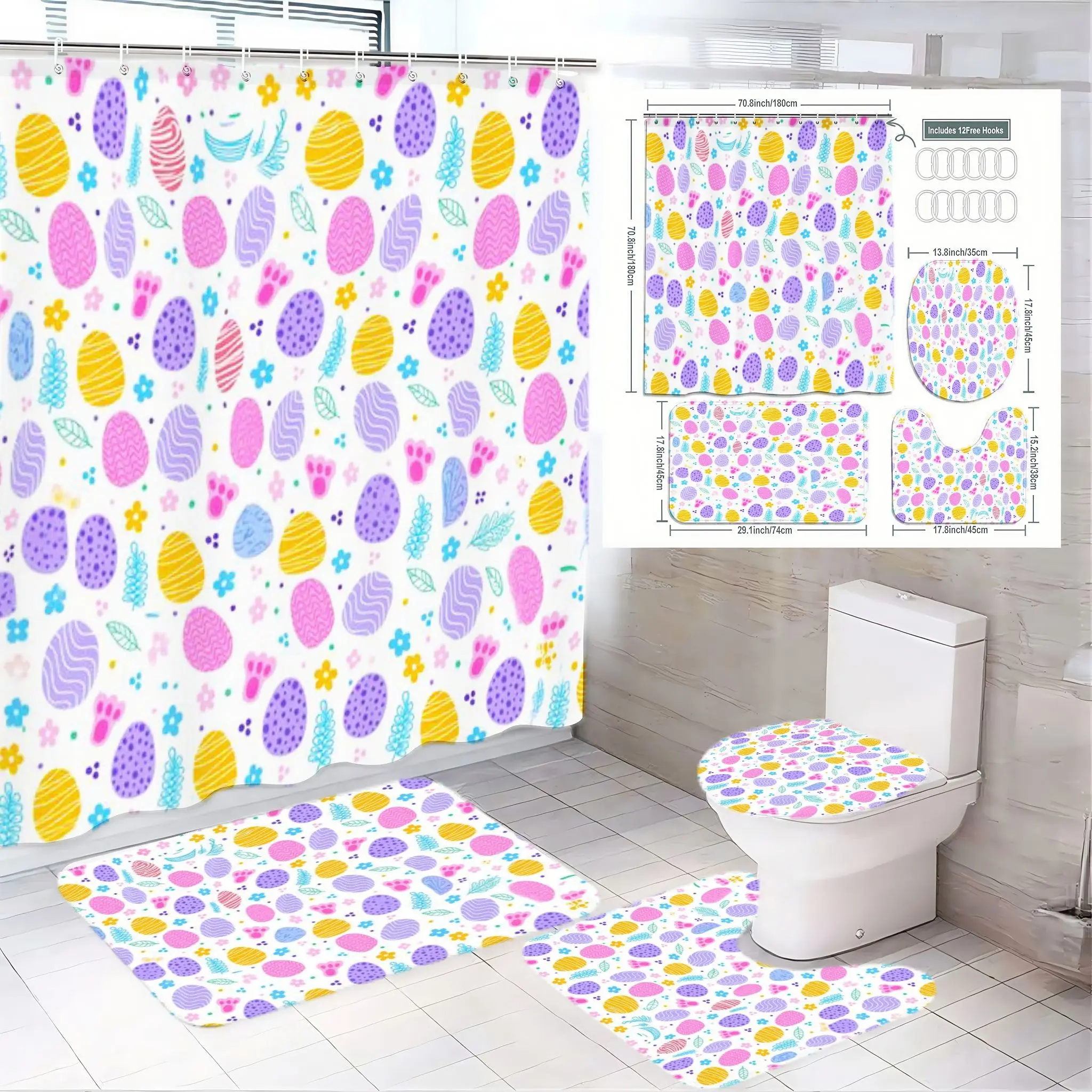 1/4pcs Pastel Easter Egg Bathroom Set - Festive Shower Curtain with Colorful Egg Pattern, Matching Round Toilet Lid Cover, Contour Bath Mat, and U-Shaped Rug - Bright Modern Neutral Tones for a Cheerful Spring Refresh