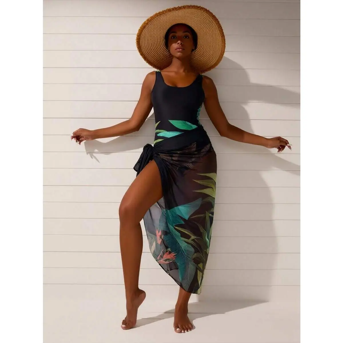 Women's Tropical Foliage Print Tie-Up Front Swimdresses - Solid Black Sleeveless Swimsuit With Matching Mesh Wrap Skirt, Modest Elegant