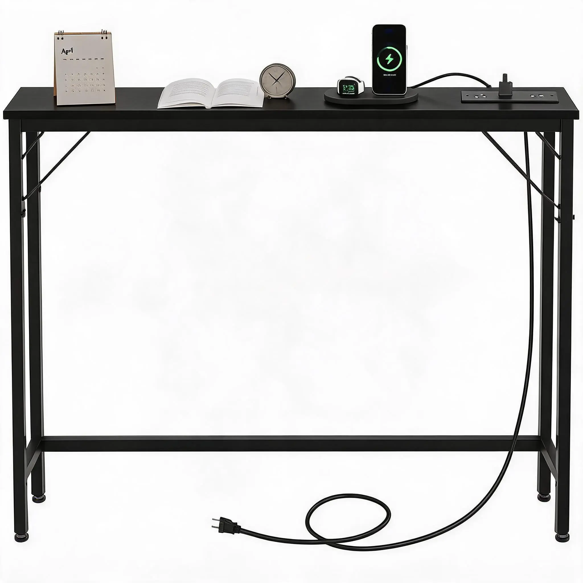 【GAOMON 】Slim Console Table with Charging Station, Narrow Sofa Table for Behind Couch, 2 AC Outlets & 2 USB Ports, Industrial Entryway Hallway Table, Space Saving Furniture for Small Apartment, Black Wood