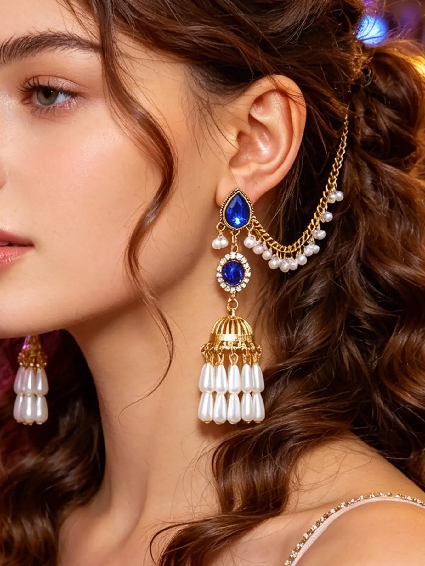 Indian Jhumka Earrings with Hair Chain for Women, Vintage Gold Champagne Crystal Pearl Tassel Bell Drop Earrings, Bollywood Bridal Wedding Boho Gypsy Festival Bahubali Jewelry Pack (1 Pair)