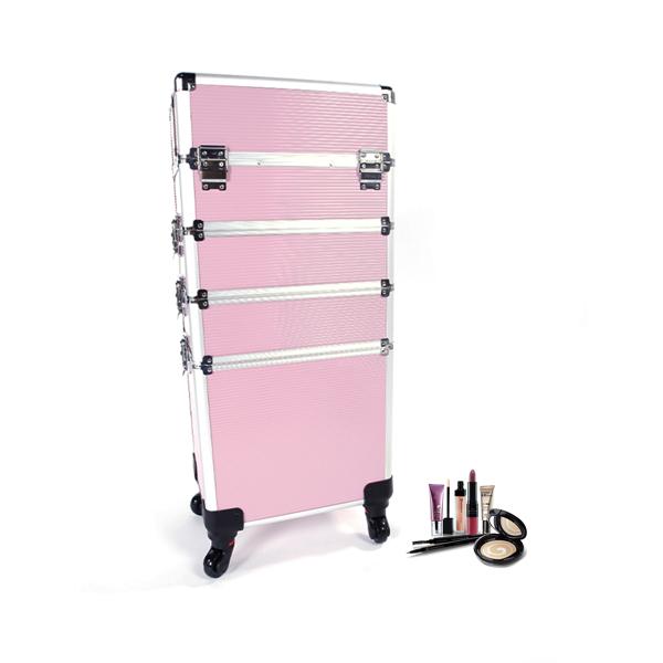 4 In 1 Aluminum Makeup Case Pink, Professional Cosmetic Storage Box for Makeup Tools Brushes and Accessories, Portable Beauty Organizer for Travel and Home Use