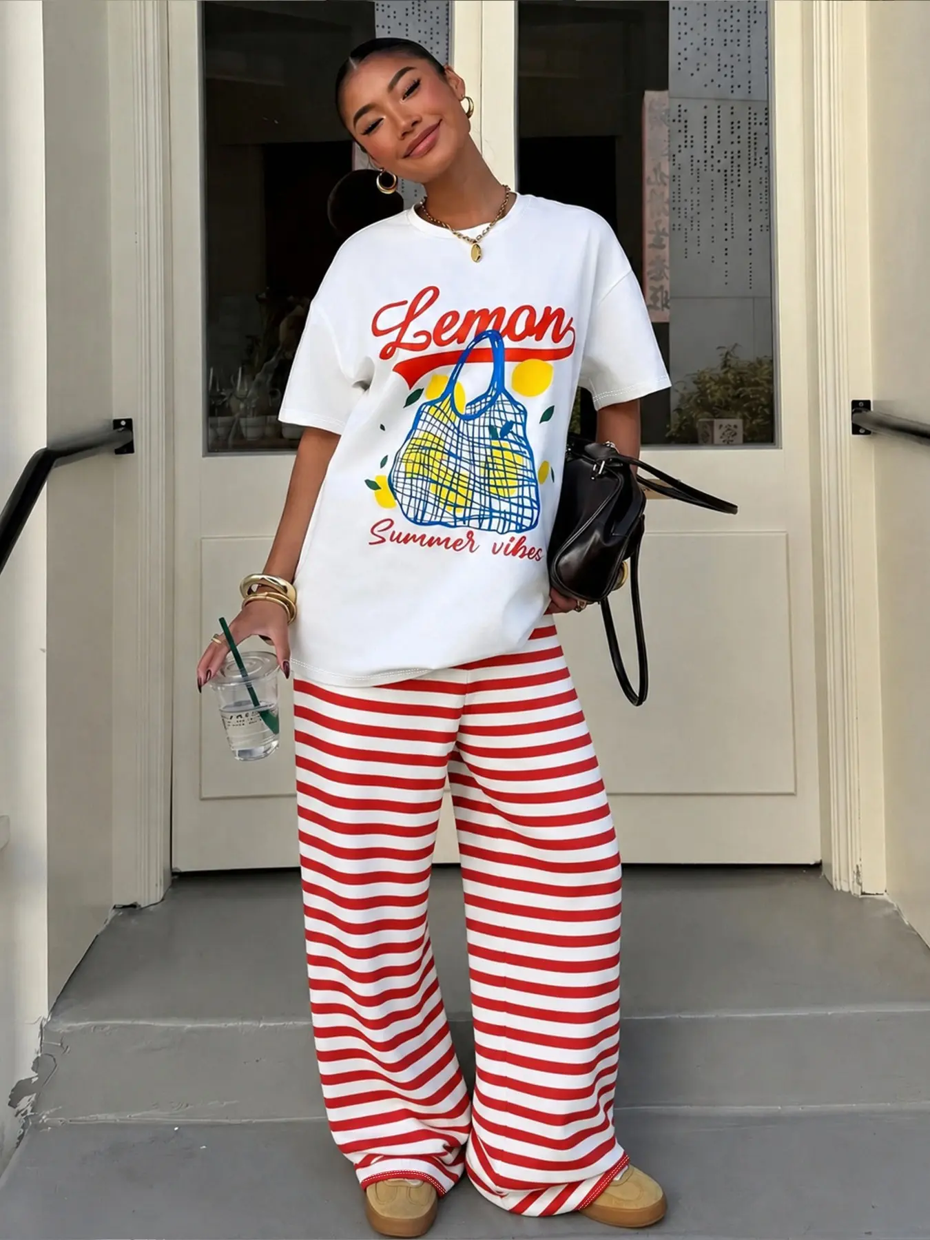 Summer Lightweight Breathable Sleepwear Pajamas Loungewear Set for Women, Vintage Lemon Print Short Sleeve Top, Striped Wide Leg Pants, Casual Home Wear
