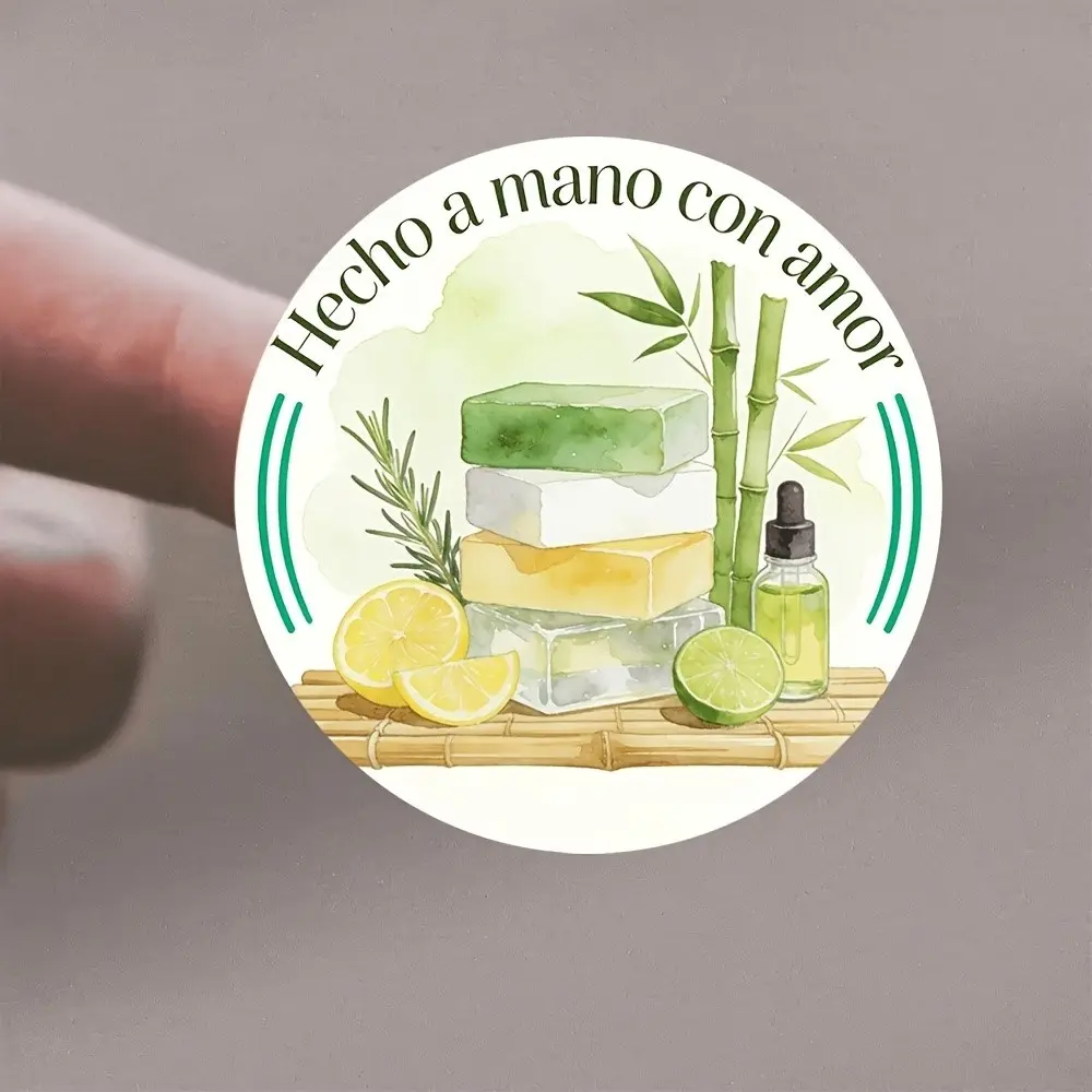 72 Handmade Round Stickers for Packaging, Spanish Text, Watercolor Lemon & Bamboo Soap Labels, DIY Craft Supplies