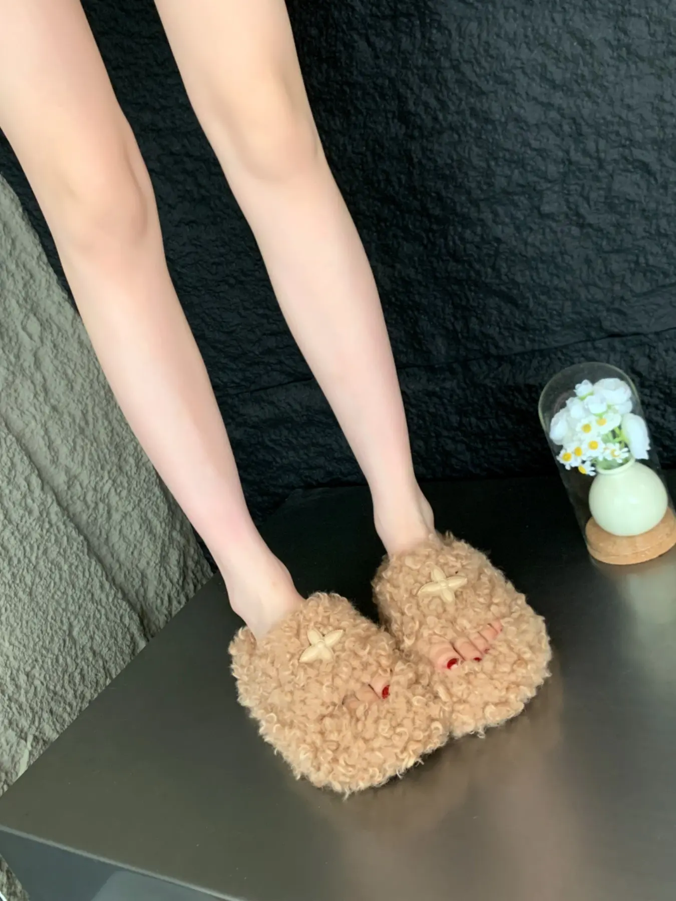 Women's Plush Teddy Bear Slippers, Casual Star Decoration Open-Toe Home Shoes, Comfortable Soft Footwear for Daily Wear