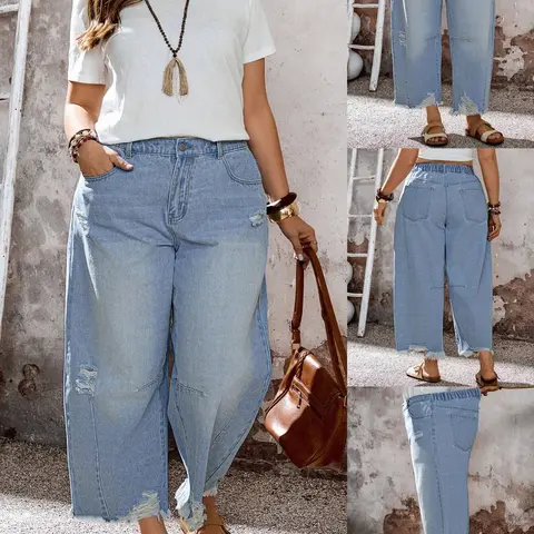 Plus Size Distressed Ripped Fringe Barrel Jeans, High Waist Loose Wide Leg Jean Light Denim Pants Women