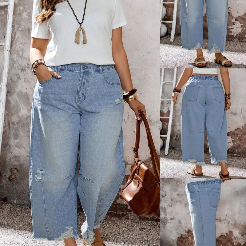 Plus Size Distressed Ripped Fringe Barrel Jeans, High Waist Loose Wide Leg Jean Light Denim Pants Women