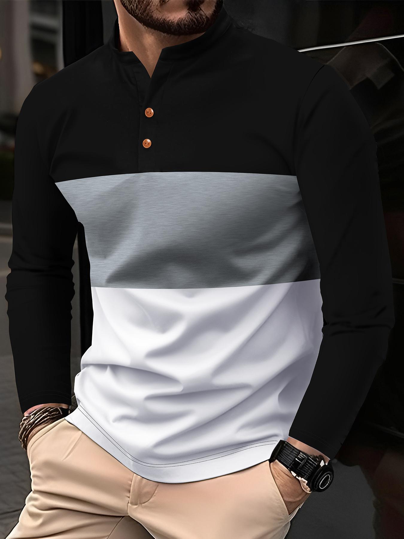 Men's Colorblock Half Button Polo Shirt, Regular Fit Casual Long Sleeve Top for Fall & Winter, Men's Clothes for Daily Wear, Fall Clothes 2024, Menswear