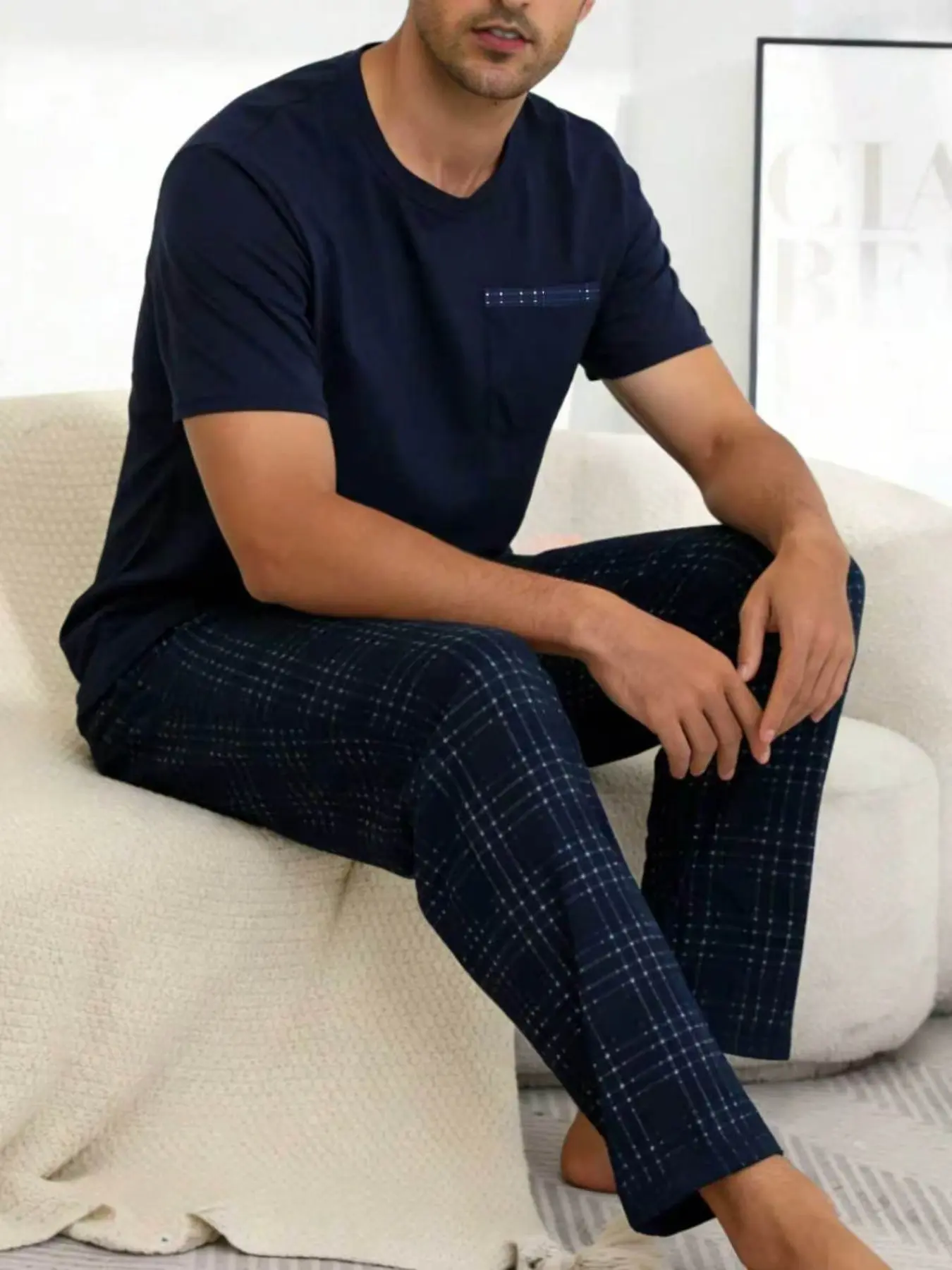 Men's Summer Two-Piece Print Lounge Set, Short Sleeve Long Pants Pajamas, Pjs, Homewear, Loungewear, Ideal for Gifts and Casual Wear, Comfortable Home Sleepwear