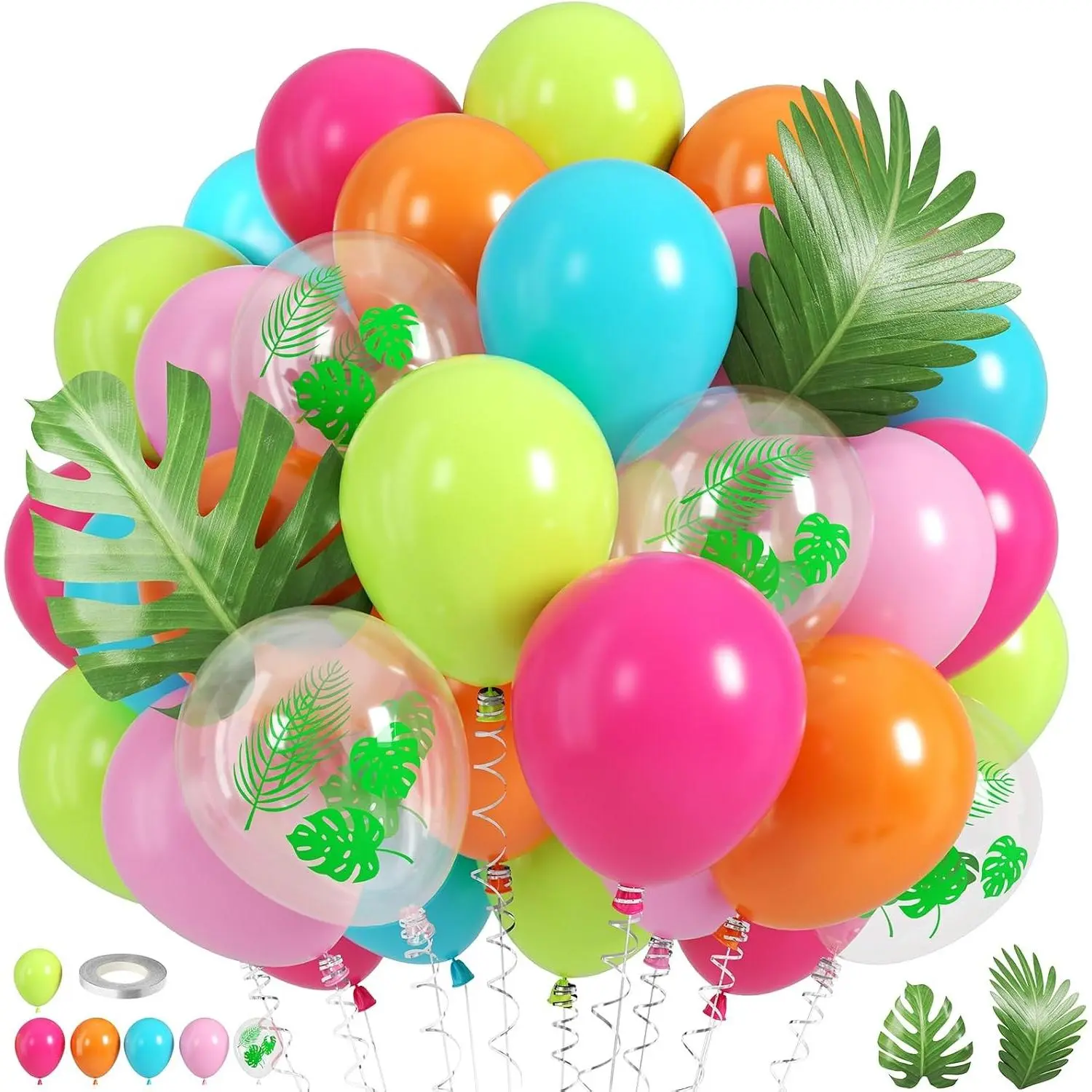 50 Pcs Party Balloons Set with Palm Leaves - Teal Blue Orange Hot Pink Pastel Light Green Printed Balloons for Summer Luau Birthday Hawaiian Baby Shower Beach Pool DecorationsGift