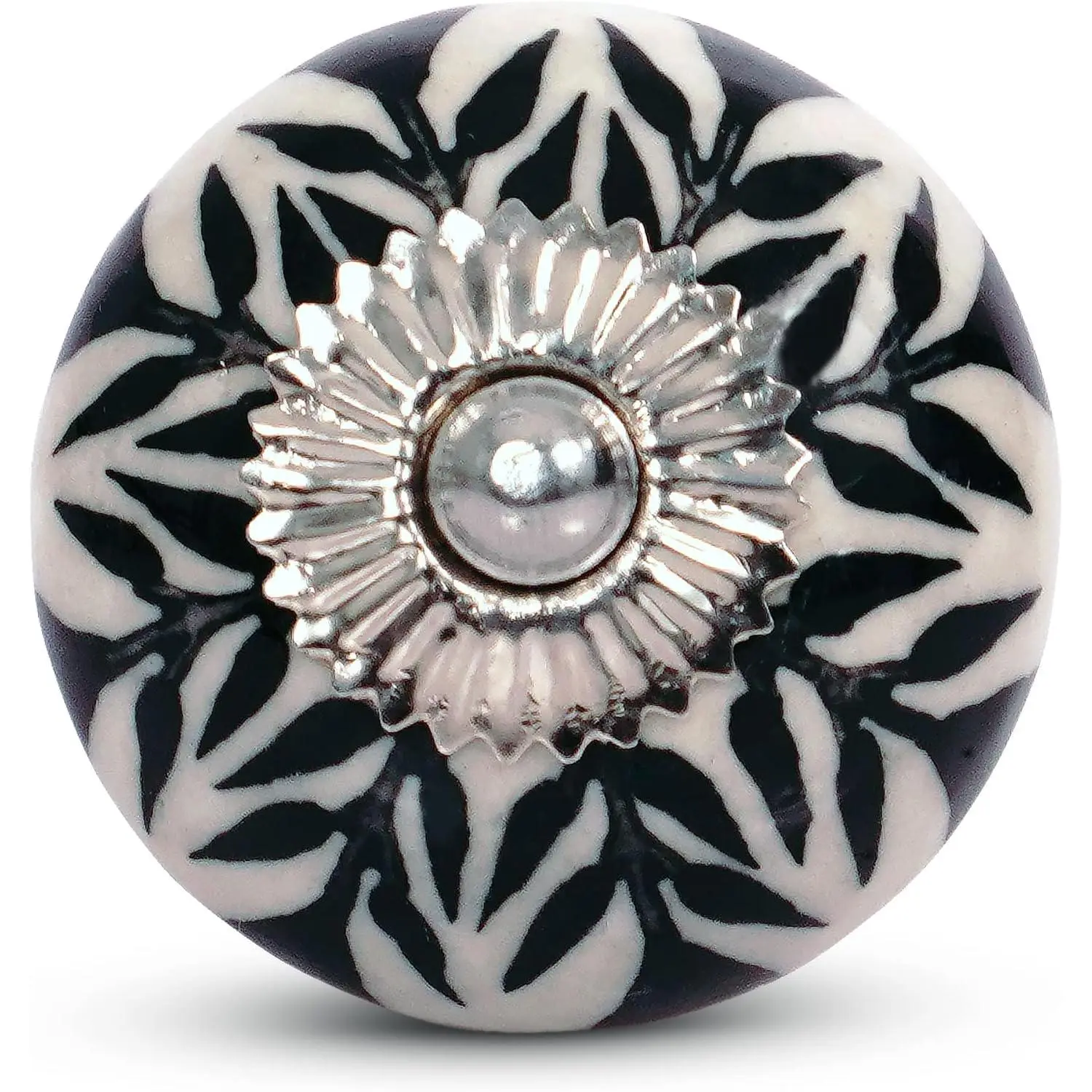 1.77 in Ceramic Knobs - Black White Daffodil, Set of 12 | Decorative cabinet knobs for kitchen drawers and  wardrobes featuring a leaf aesthetic with reversible metal backplates.