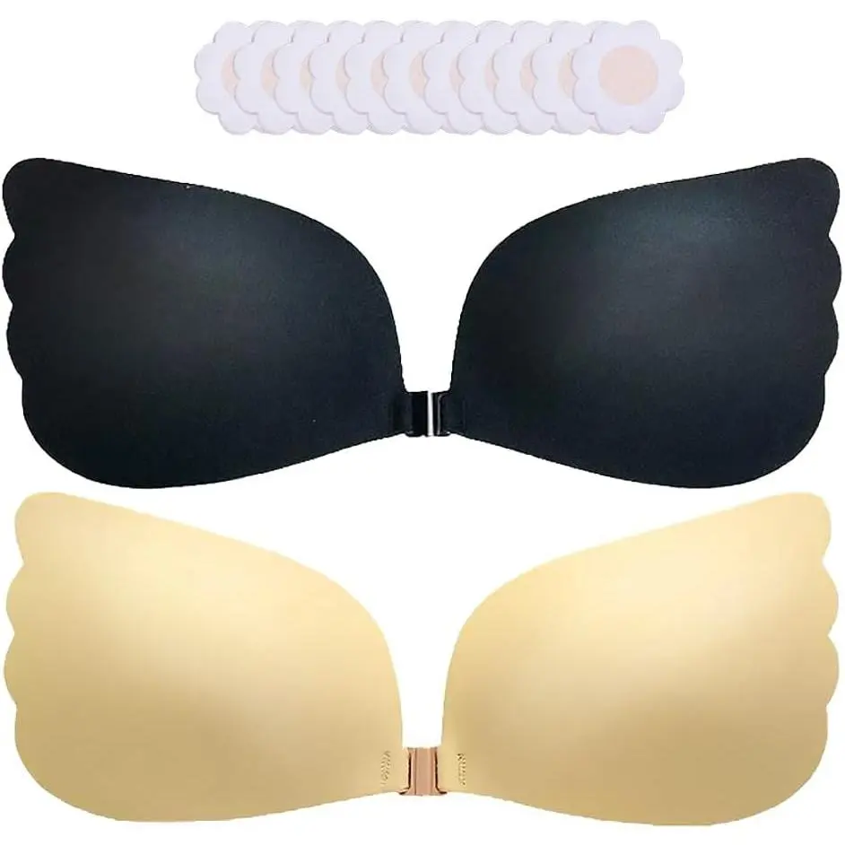 Sticky Bra Push Up Adhesive Invisible Backless Strapless Stick on Lift Bra 2 Pairs Resuable with Nipple Covers