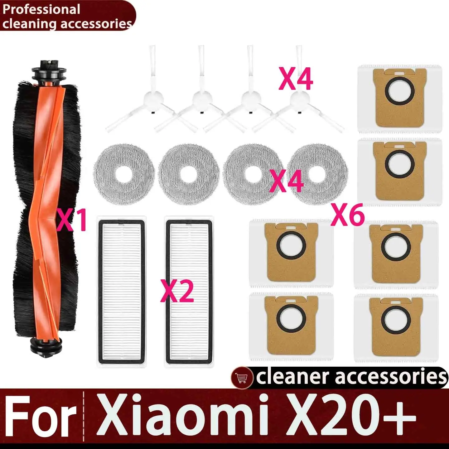 17-Piece Xiaomi X20+/x10 Plus Robot Vacuum Accessories Kit, Includes 6 Dust Pads, 4 Mops, 1 Main Brush, 4 Side Brushes, 2 Hepa Filters